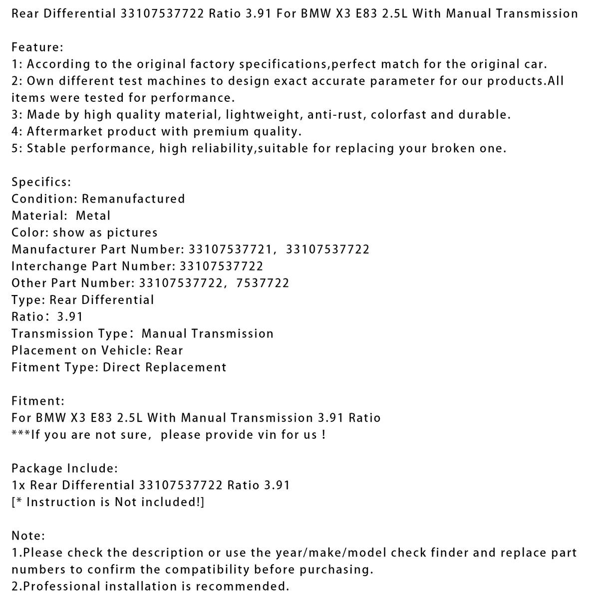 Différentiel Arrière 33107537722 Rapport 3.91 Pour BMW X3 E83 2.5L
