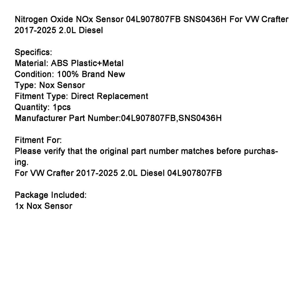Capteur D’oxyde D’azote NOx 04L907807FB SNS0436H Pour VW Crafter 2017‑2025 2.0L