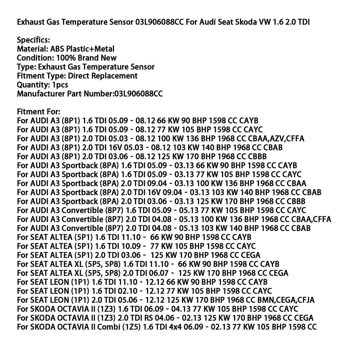 Senzor temperature izpušnih plinov 03L906088CC za Audi Seat VW 1.6 2.0 TDI