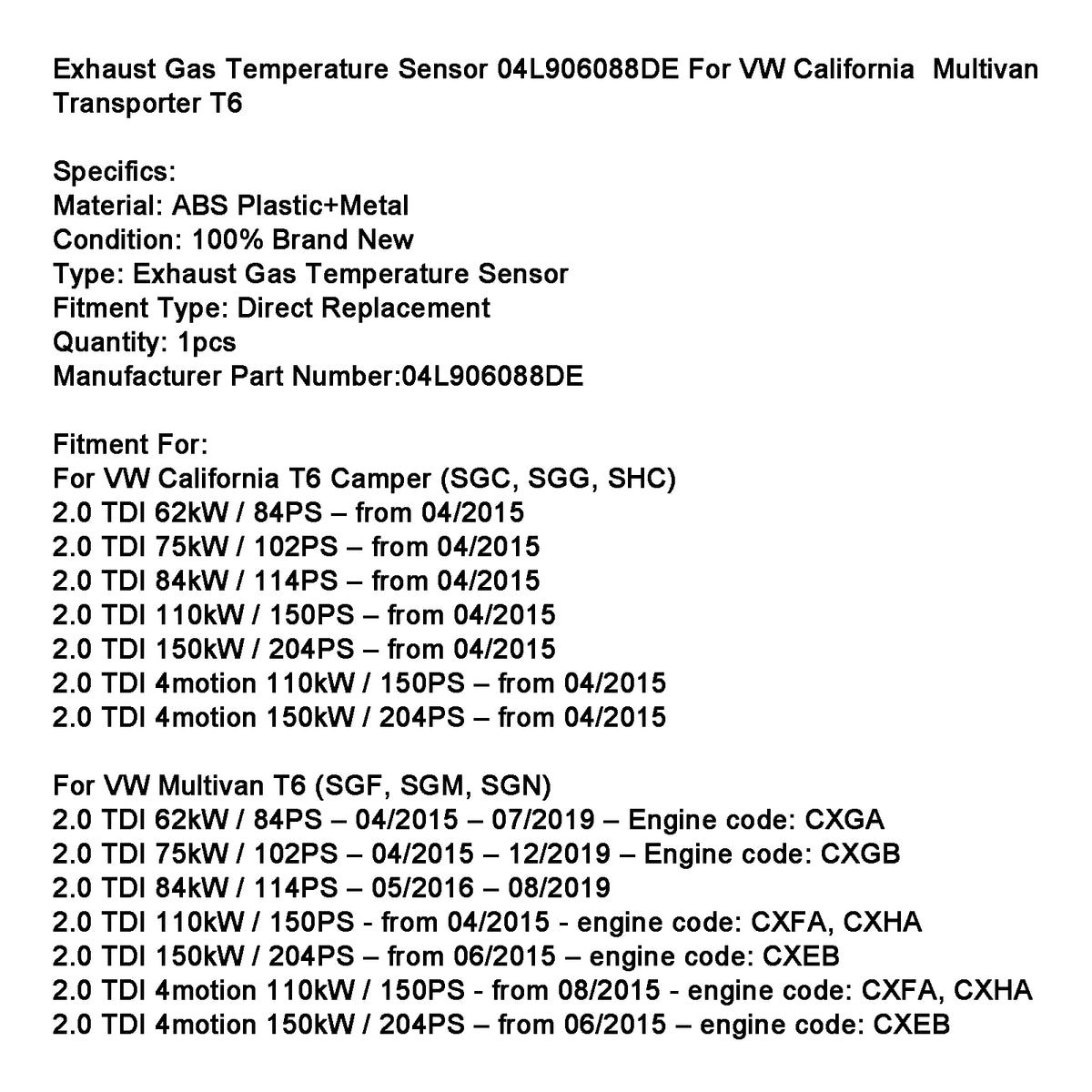 Senzor temperature izpušnih plinov 04L906088DE za VW California Multivan T6