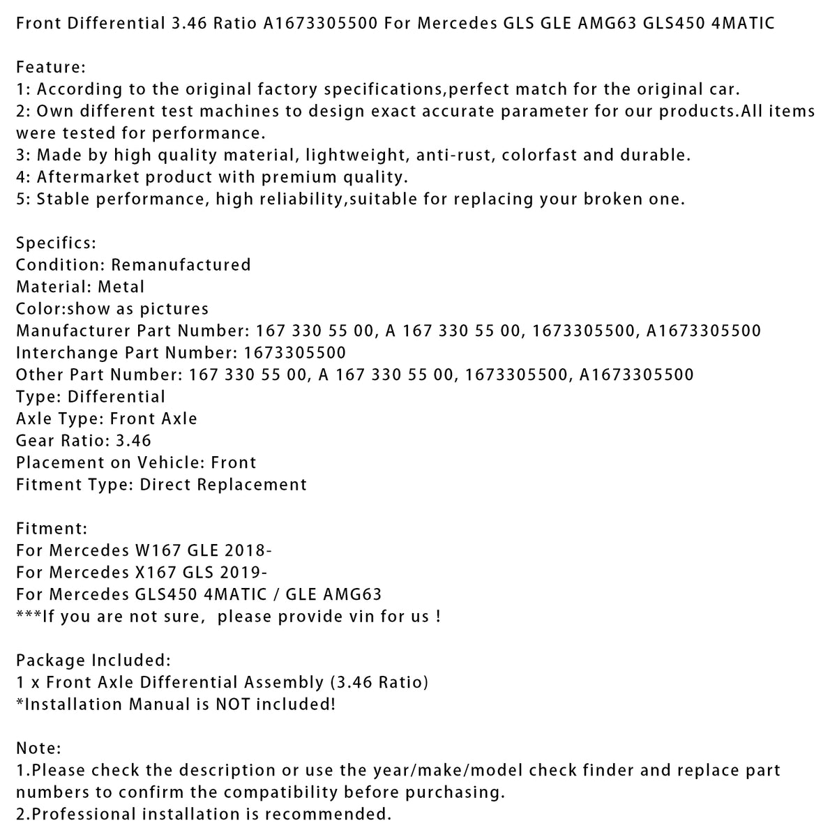 Rapporto differenziale anteriore 3,46 A1673305500 per Mercedes GLS GLE 4MATIC