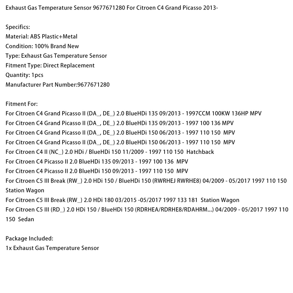 Senzor temperature izpušnih plinov 9677671280 za C4 Grand Picasso 13-