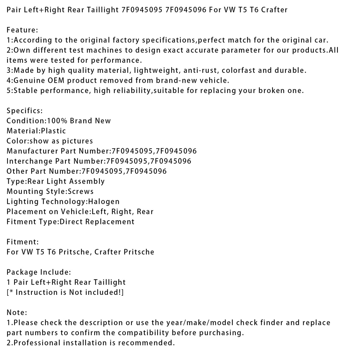 Par de luces traseras izquierda + derecha 7F0945095 7F0945096 para VW T5 T6 Crafter