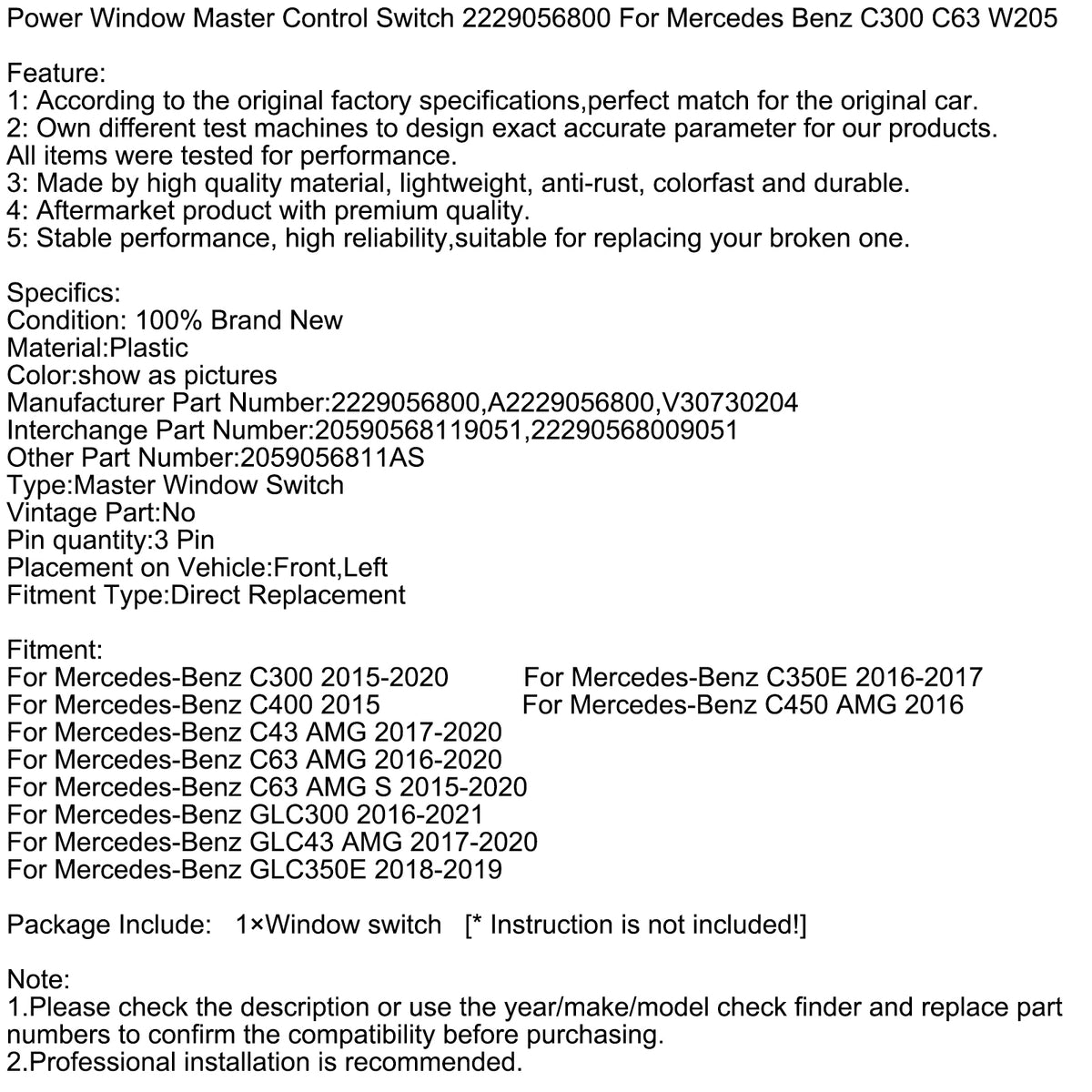 Commutateur Principal de Commande de Vitre Électrique 2229056800 Pour Mercedes Benz C300 C63 W205