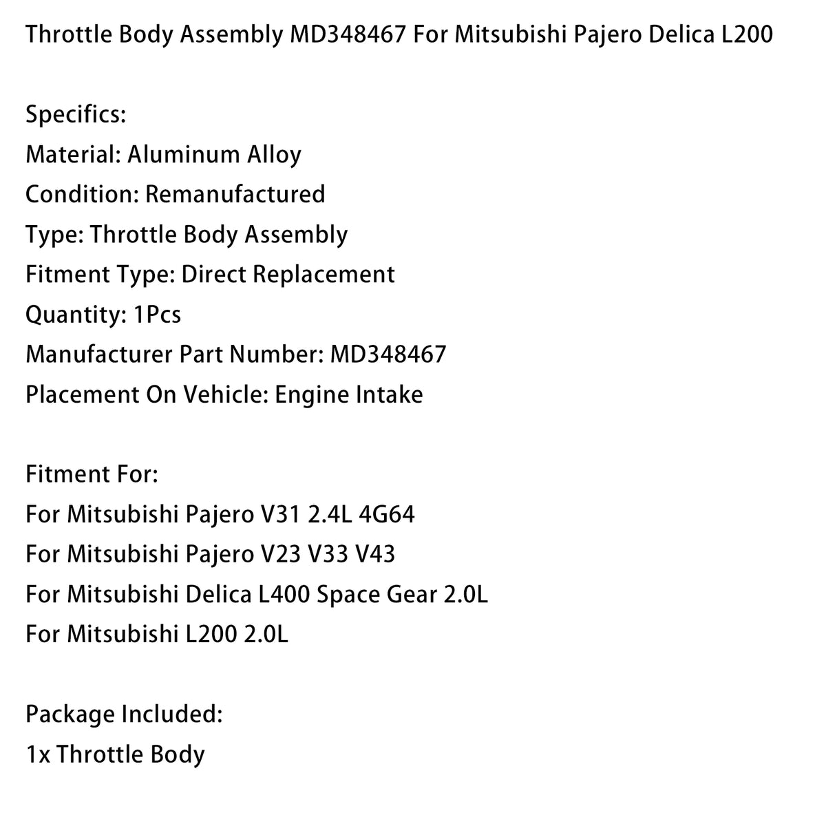 Boîtier De Papillon MD348467 Pour Mitsubishi Pajero Delica
