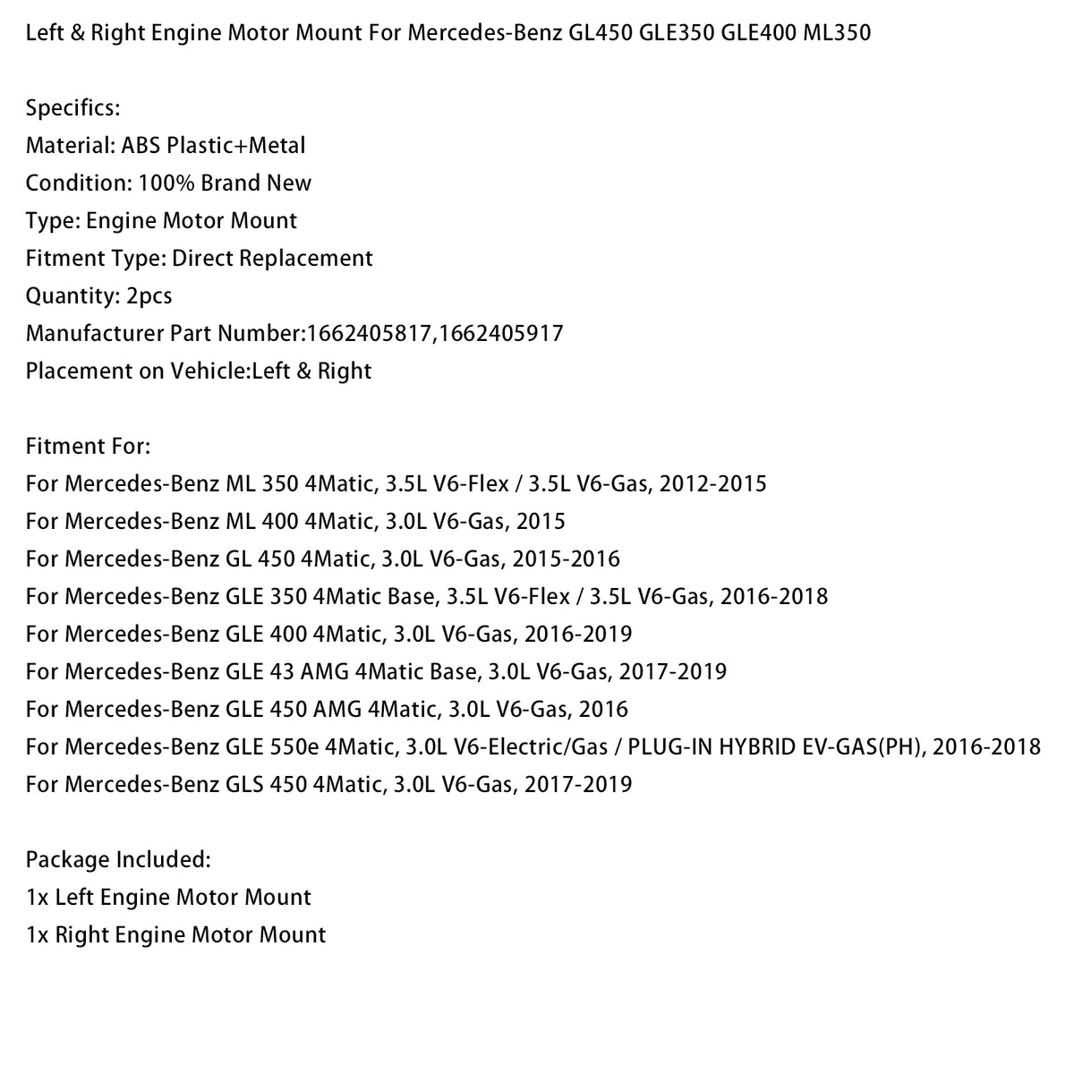 Lewe i prawe mocowanie silnika dla Mercedes-Benz GL450 GLE350 GLE400 ML350