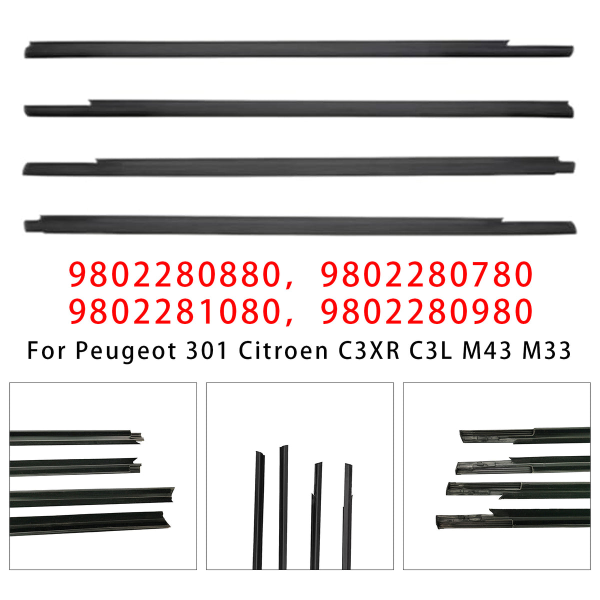 4PCS Joint de vitre de fenêtre Pour Peugeot 301 9802280780 Noir