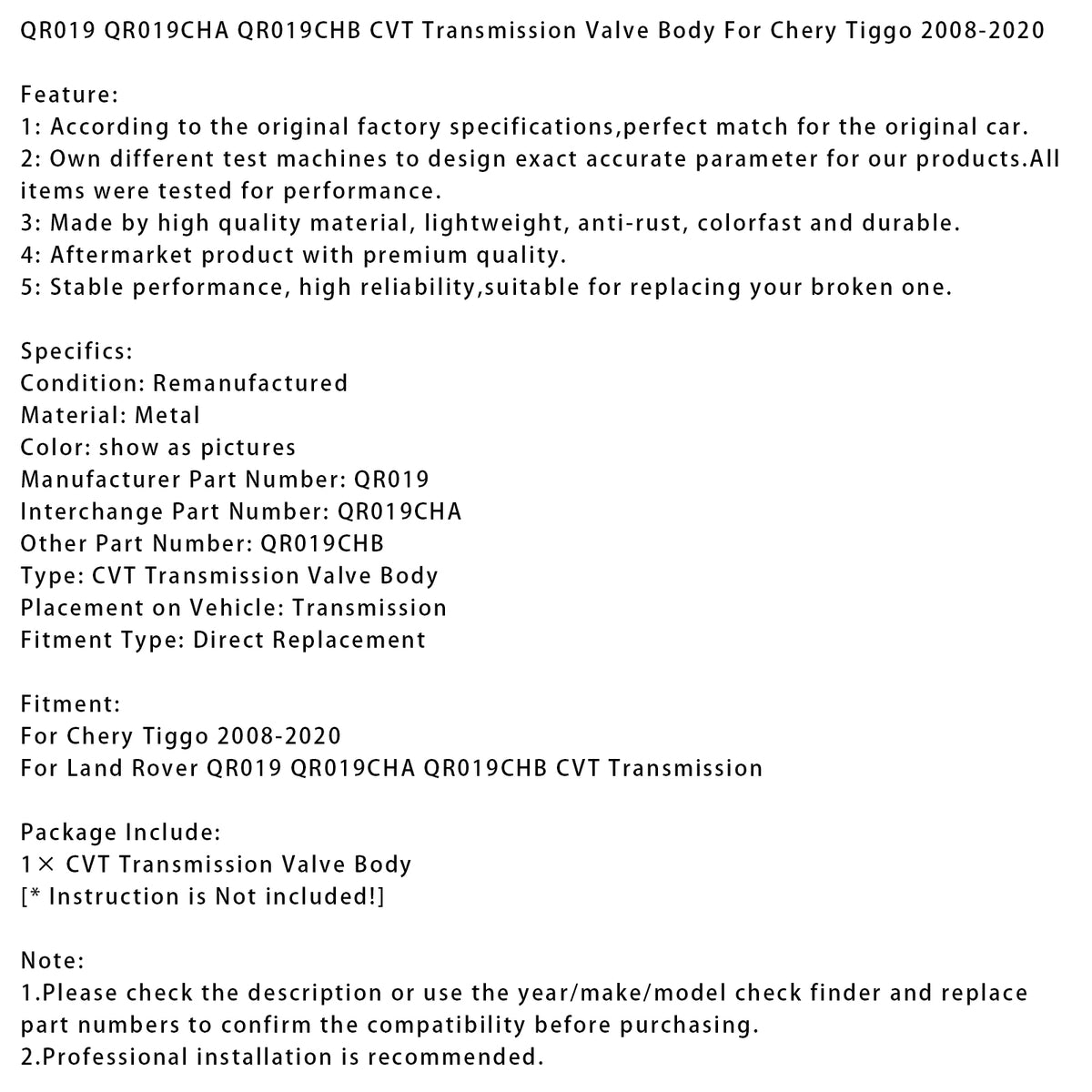 Cuerpo de válvula QR019 QR019CHA QR019CHB CVT para Chery Tiggo 2008-2020