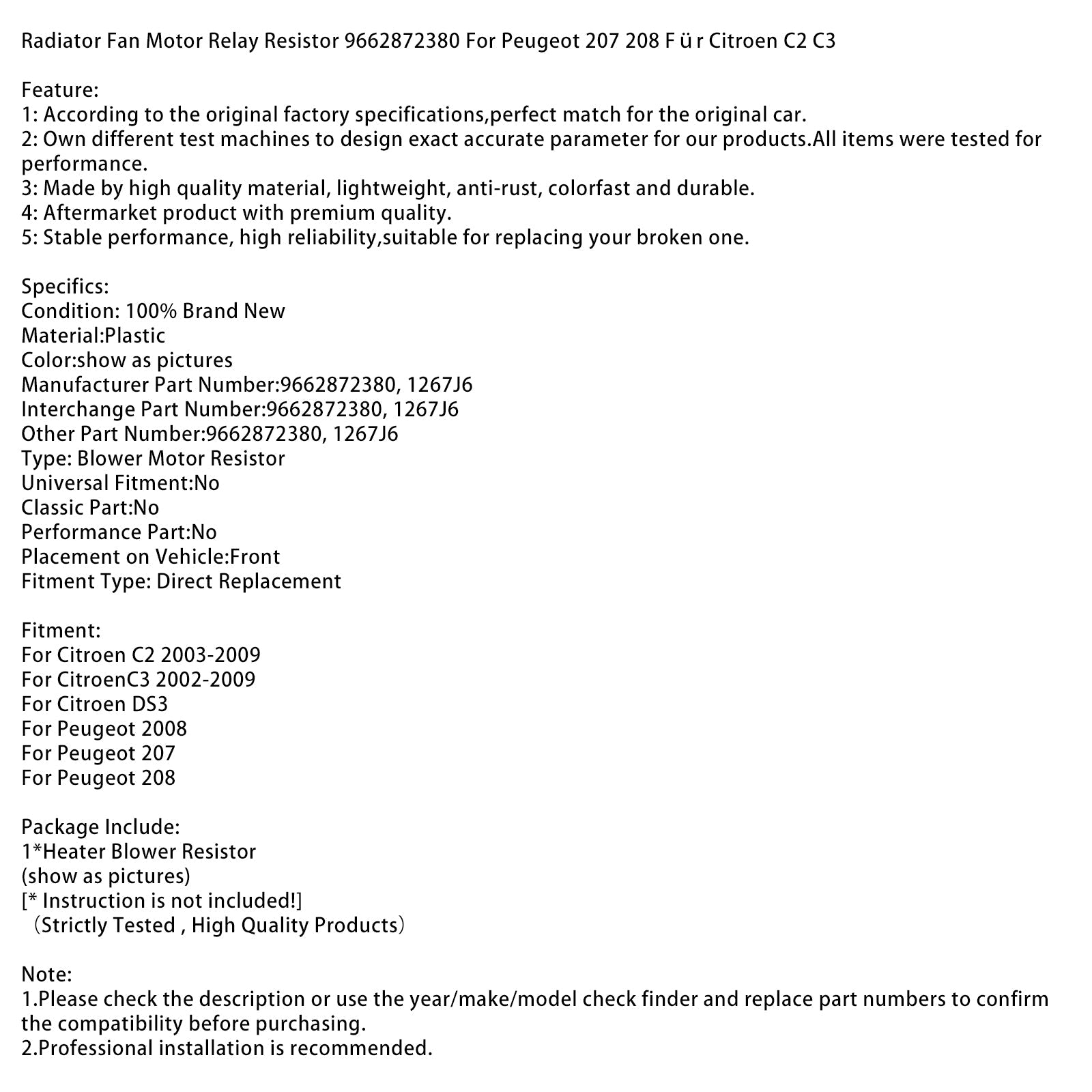 Résistance de relais de moteur de ventilateur de radiateur 9662872380 pour Peugeot 207 et Citroën C2