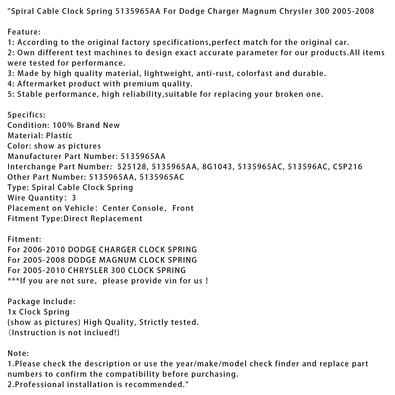 Lente van' spiraalkabelklok 5135965AA voor Dodge Charger Magnum Chrysler 300 05-08