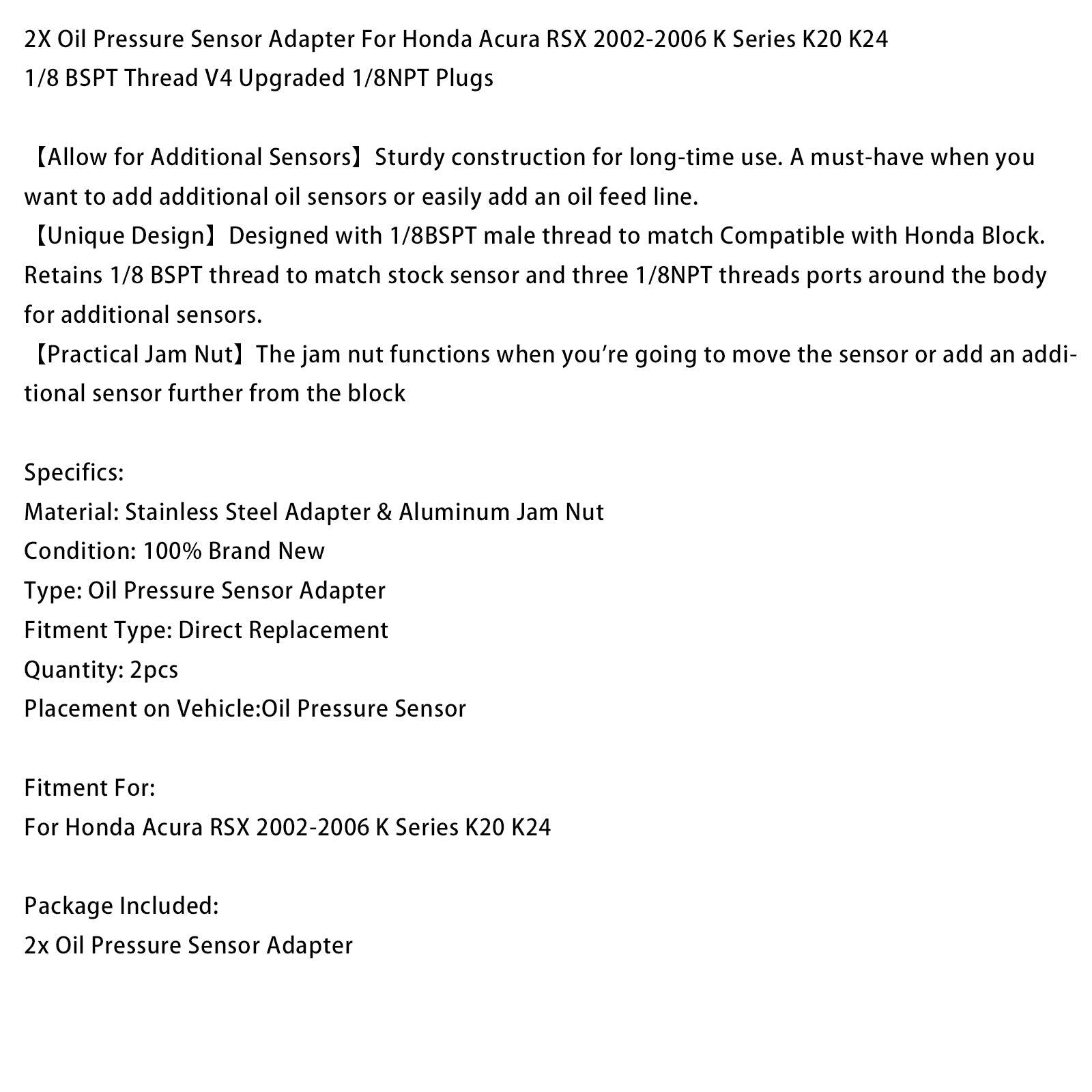 Adaptateur pour 2 capteurs de pression d'huile Honda Acura RSX série K K20 K24 (2002-2006)