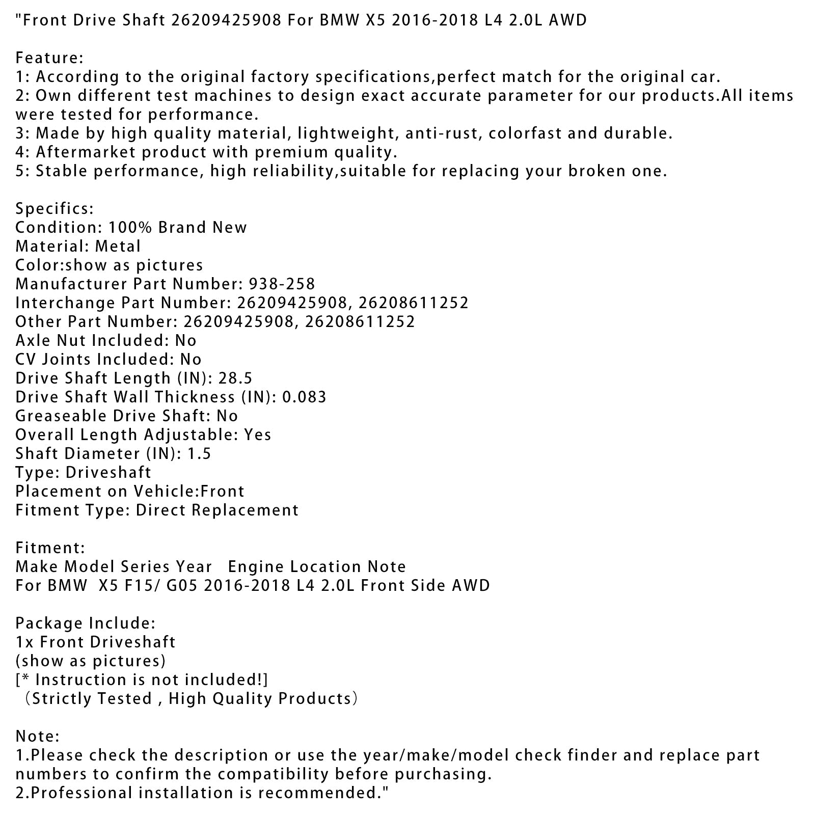 Drevo prenosa pred 26209425908 za BMW X5 L4 2.0L AWD 2016-2018