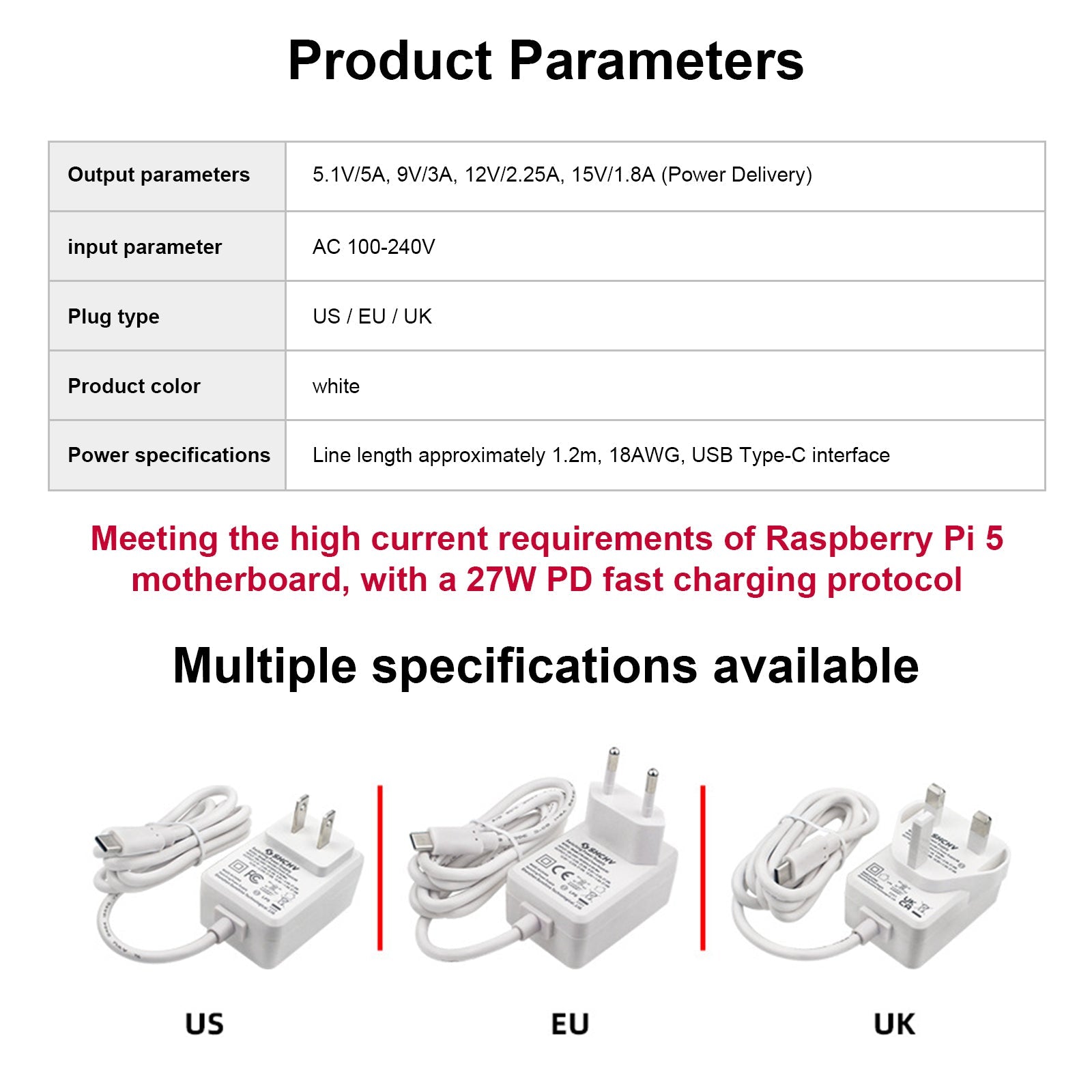 Raspberry Pi 5 Adattatore settoriale, interfaccia USB-C, 27W, 5V5A Potenza, corrente completa