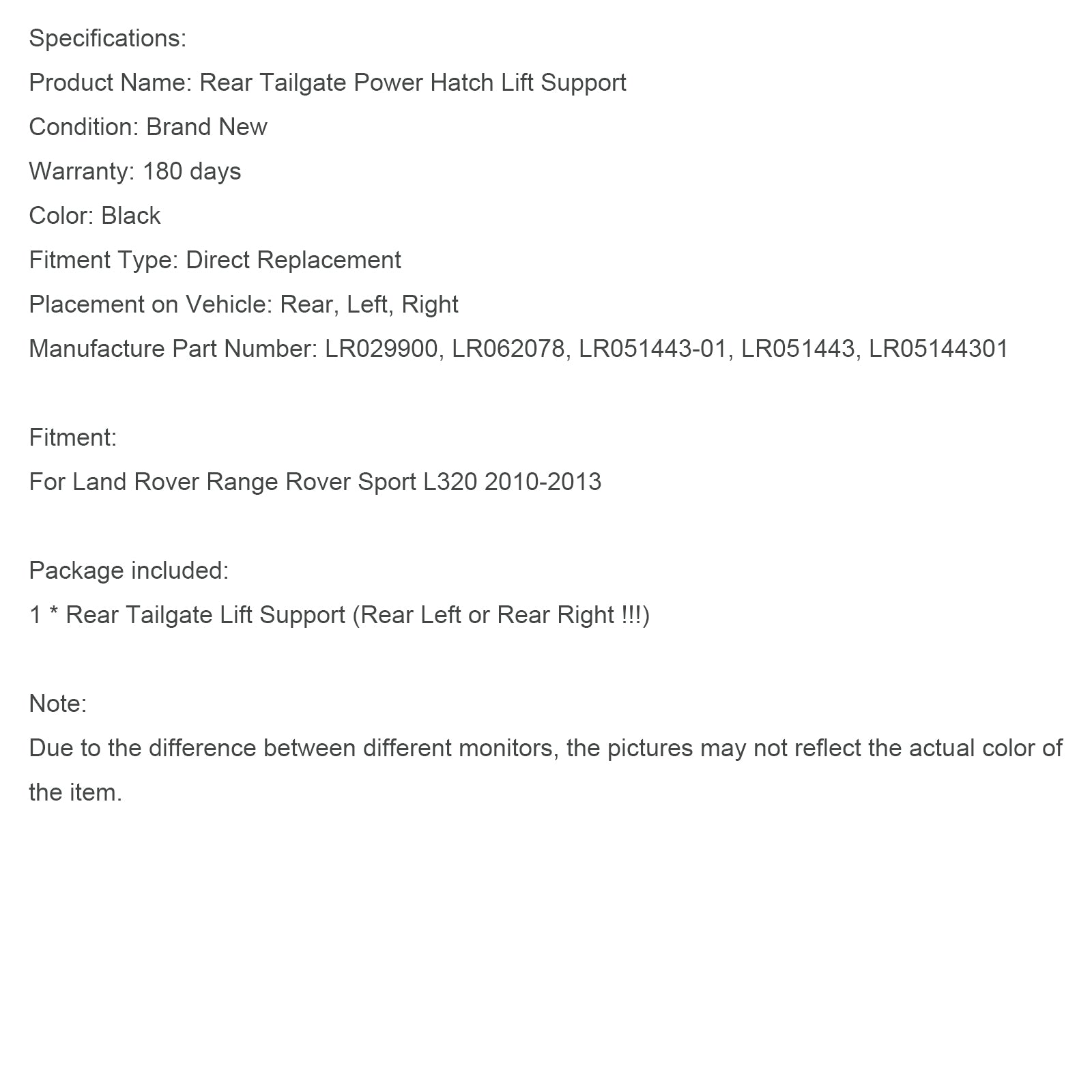 2010-2013 Rage Rover Sport L320 Coatboard LR051443 Cilindro de gas eléctrico