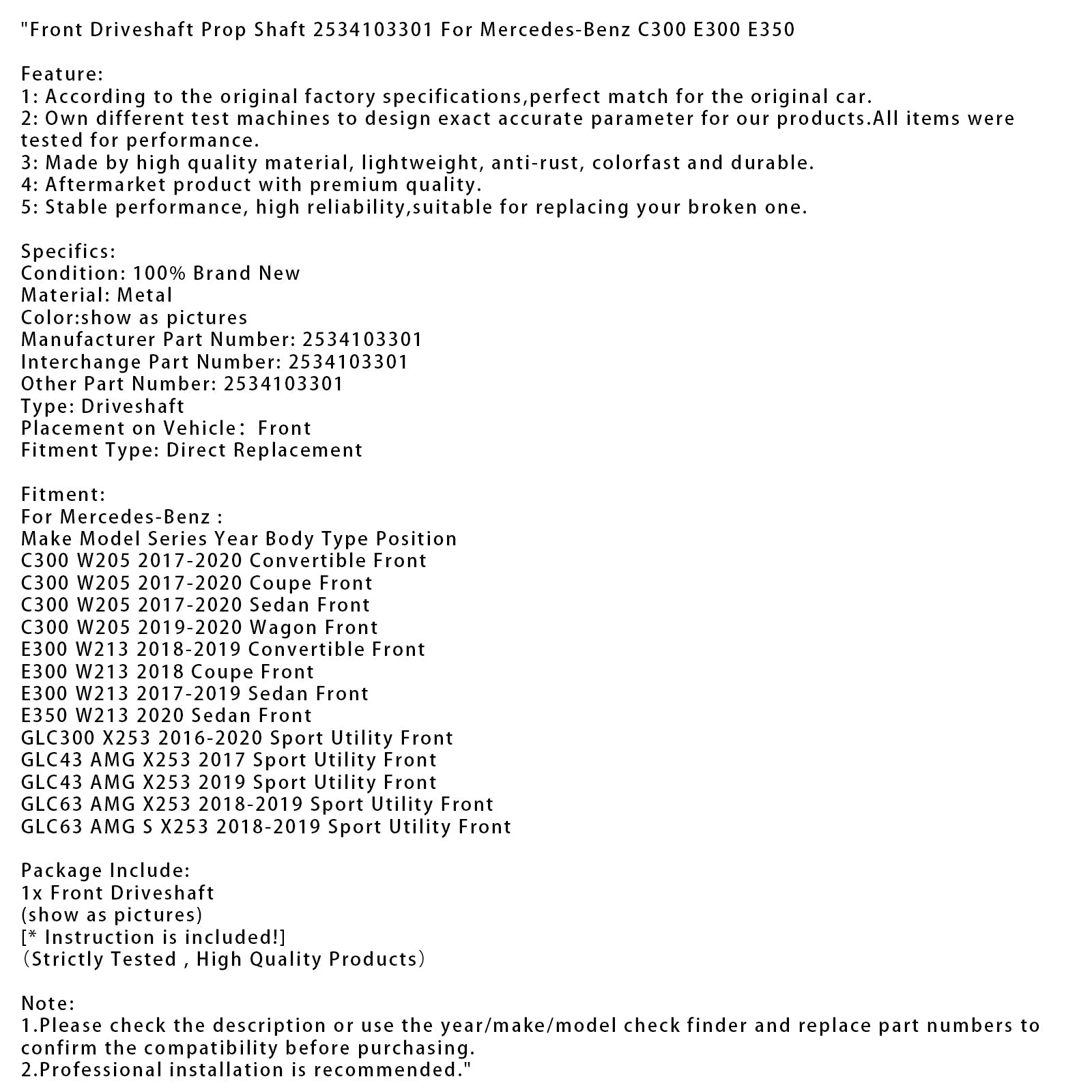 Eje de transmisión delantero 2534103301 para Mercedes-Benz C300 W205 Coupé 2017-2020