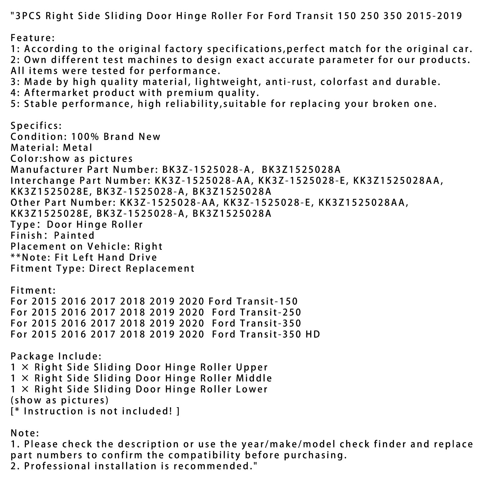 Rodillo de bisagra de puerta corredera del lado derecho, 3 uds., para Ford Transit 150 250 350 2015-2019