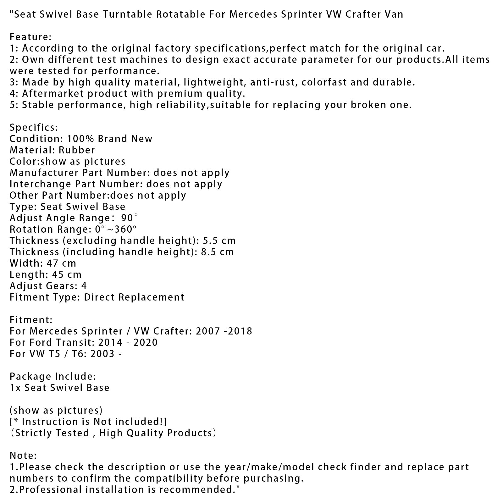 Base pivotante et plateau tournant pour siège de VW T5/T6 (à partir de 2003)
