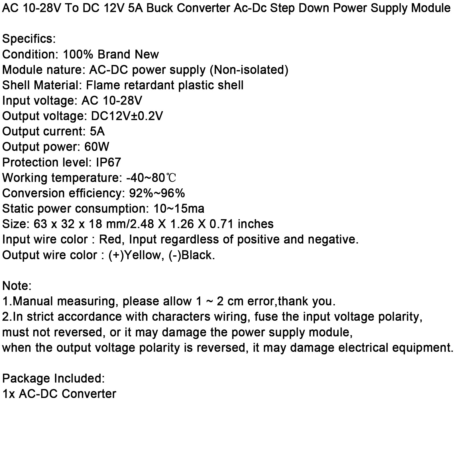 AC 10-28V À DC 12V 5A Convertisseur Abaisseur Module D'Alimentation Abaisseur