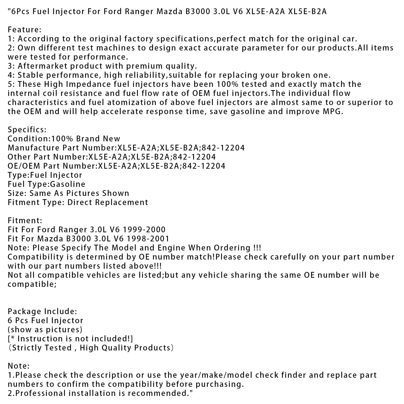 Wtryskiwacze paliwa (6 sztuk) do Forda Rangera 3.0L V6 (1999-2000) XL5E-A2A i XL5E-B2A