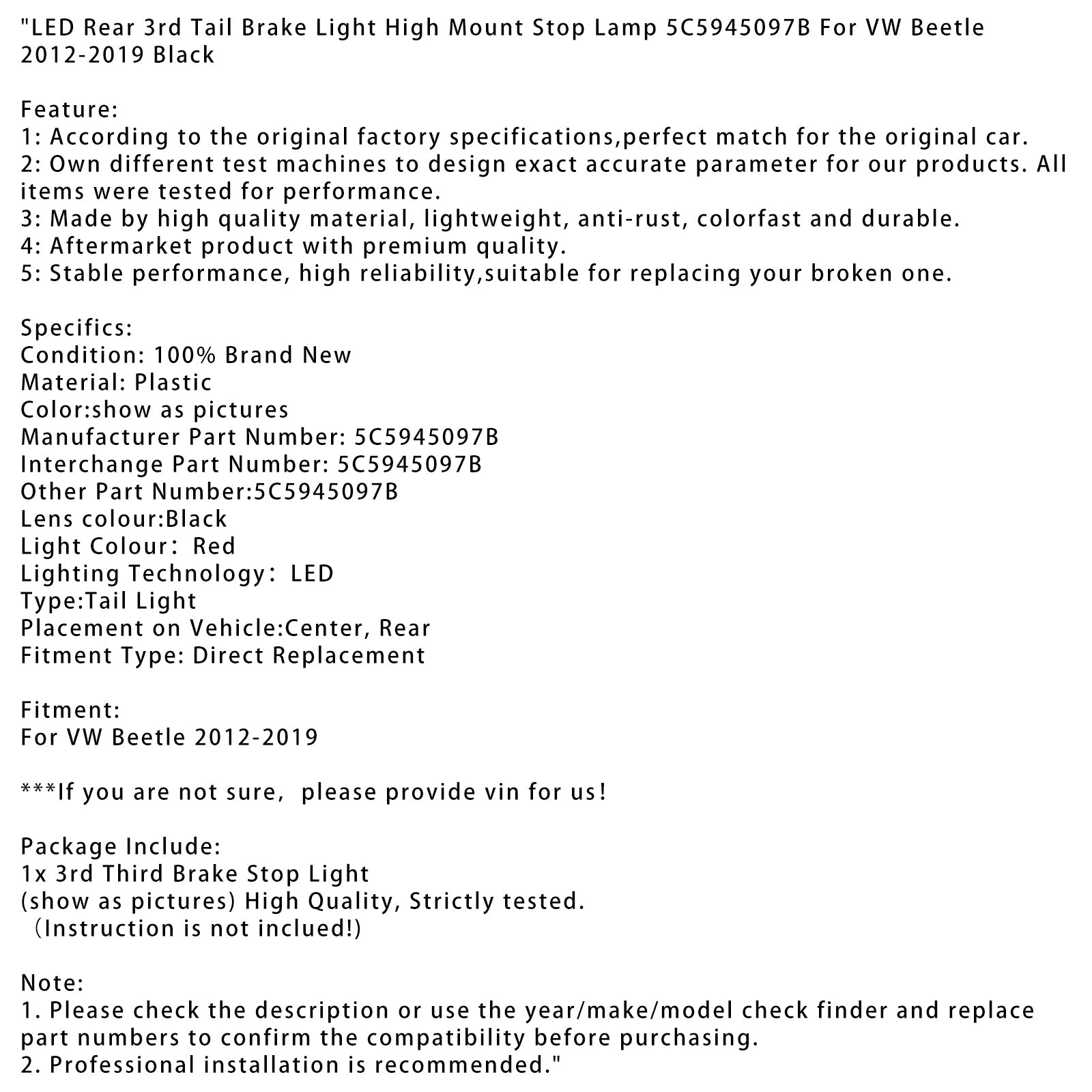 Feu stop arrière à LED pour VW Beetle 2012-2019, feu stop surélevé 5C5945097B
