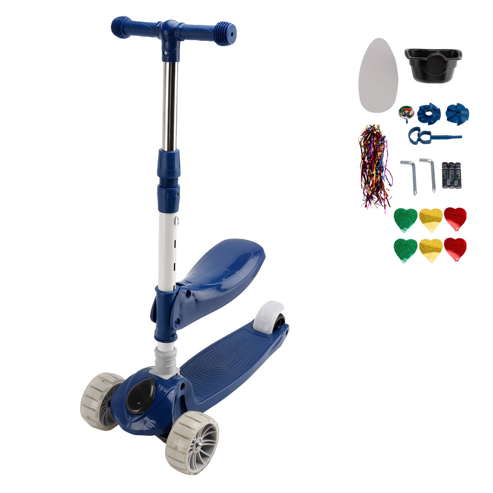 Trottinette Enfant 2 en 1, 3 Roues, à Siège Pliable et Barre Réglable avec Lumière - Bleu ou Rose