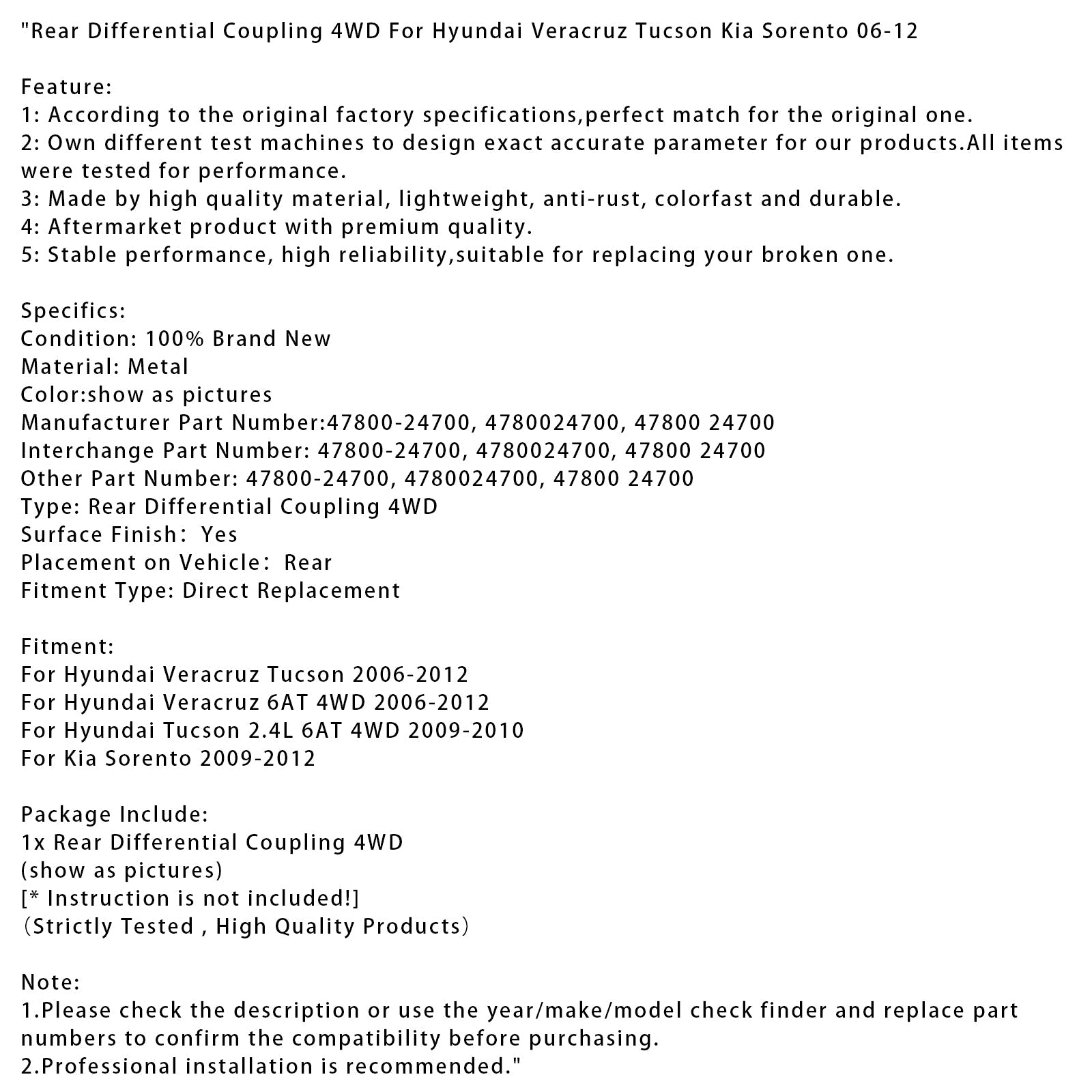 Erotteleva takakytkentä 4-pyöräinen käyttö Hyundai Veracruz Tucson Kia Sorento 2006-2012