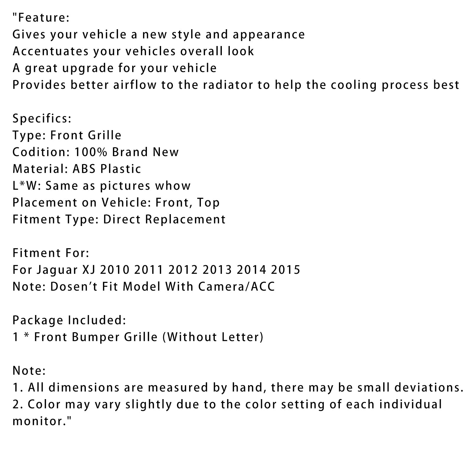 Grille de pare-chocs avant noire brillante Jaguar XJ 2010-2015