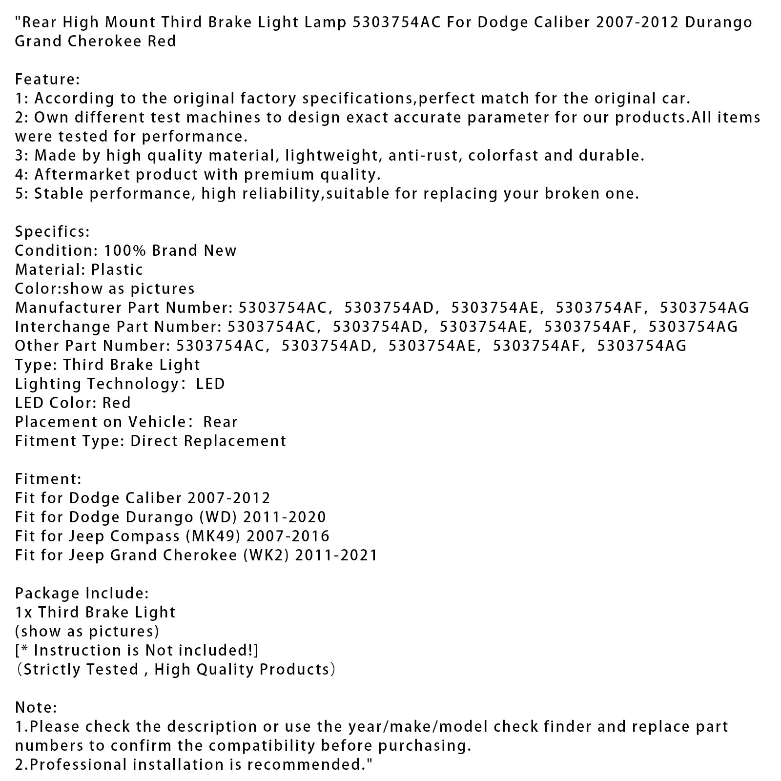 Terza luce freno posteriore a montaggio alto 5303754AC per Dodge Caliber 2007-2012