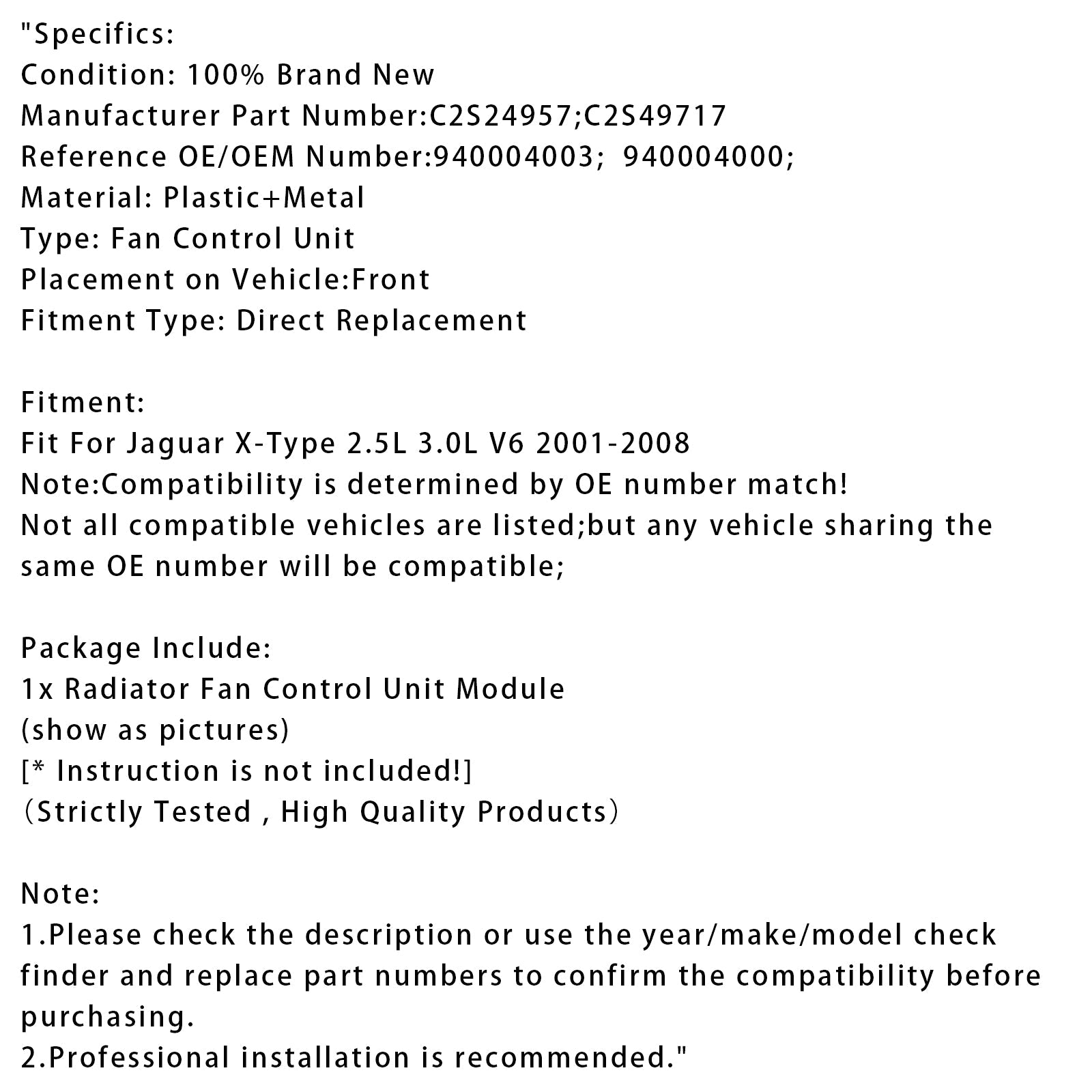 Module de commande de ventilateur de radiateur C2S24957 pour Jaguar X-Type 2,5 L 3,0 L V6 2001-2008