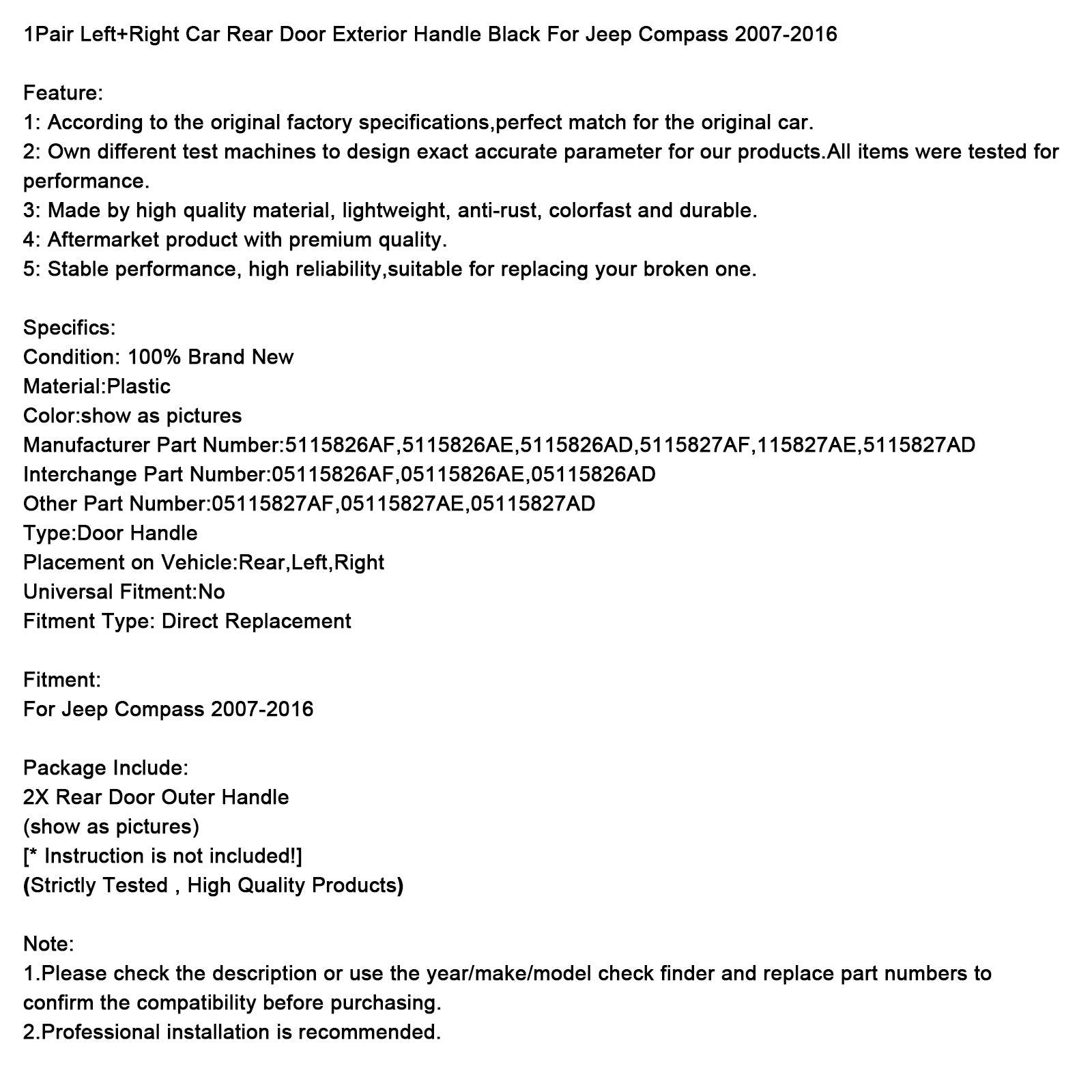 Maniglie esterne nere per porte posteriori (1 paio) per Jeep Compass (2007-2016)