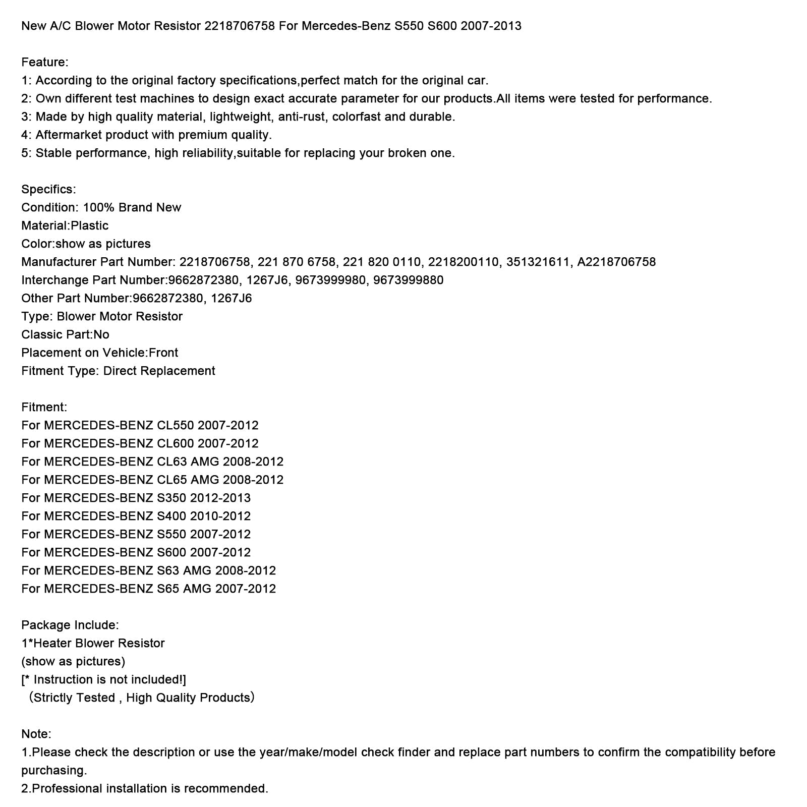 Resistencia al motor de aire acondicionado 2218706758 para Mercedes-Benz S550 S600 2007-2013