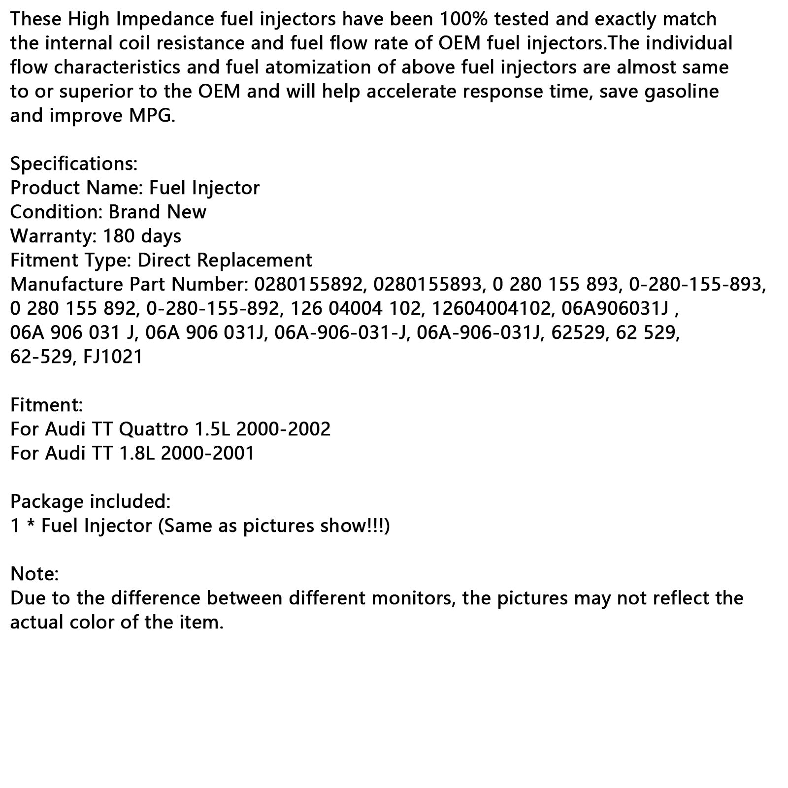 1 Polttoaineen ruiskutus 0280155892 Audi TT Quattrolle 1,5 L 2000-2002 0280155893