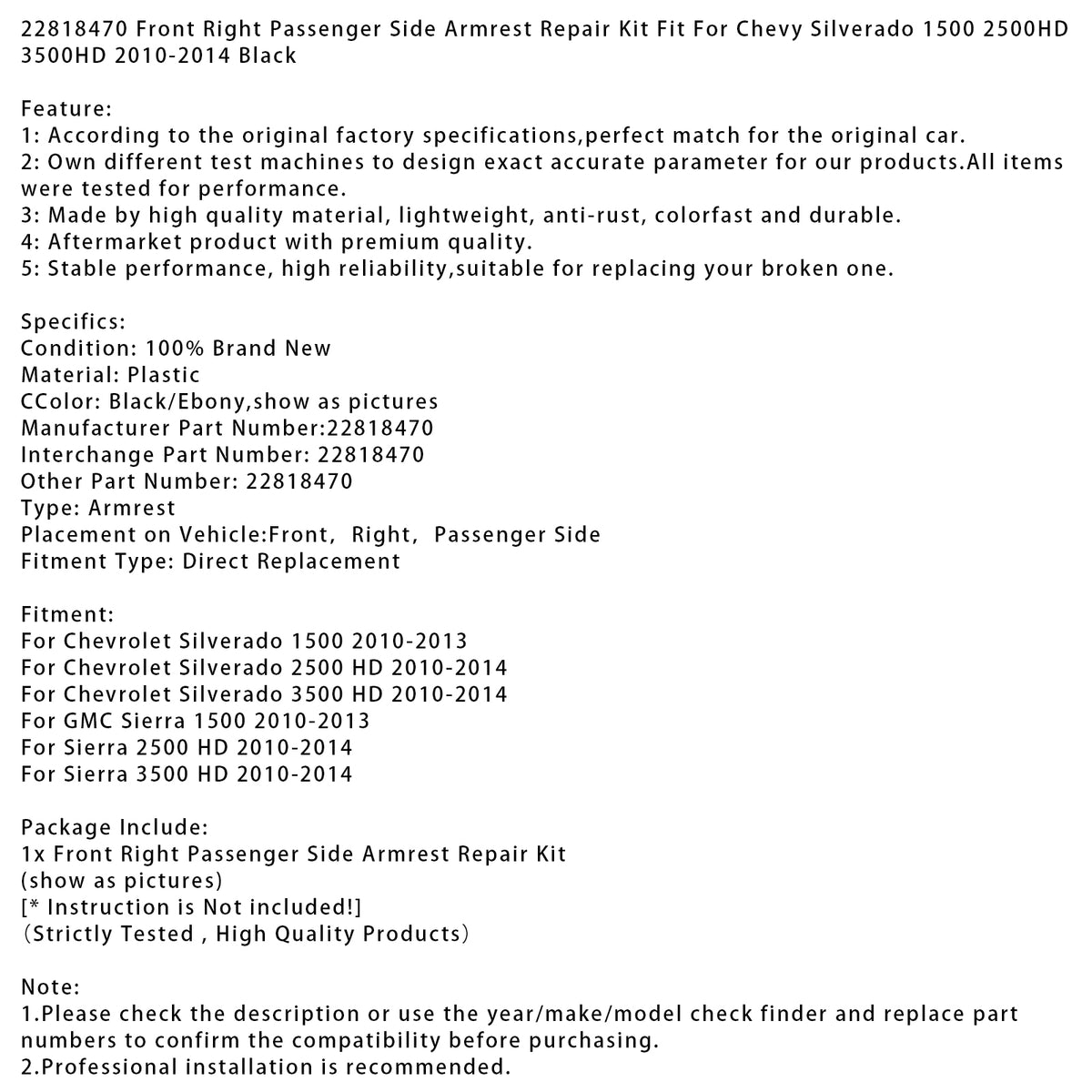 Kit de réparation d'accoudoir avant droit pour Chevy Silverado 1500 2500HD 3500HD 10-14 Noir