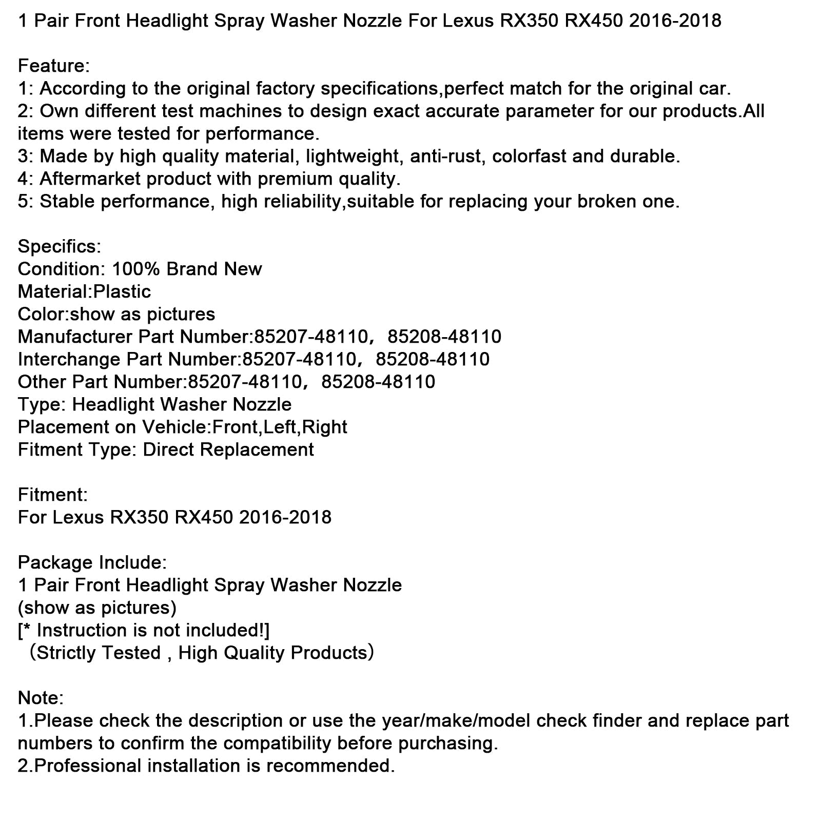 2016-2018 Lexus RX350 RX450 - Paire de buses de lave-phares avant