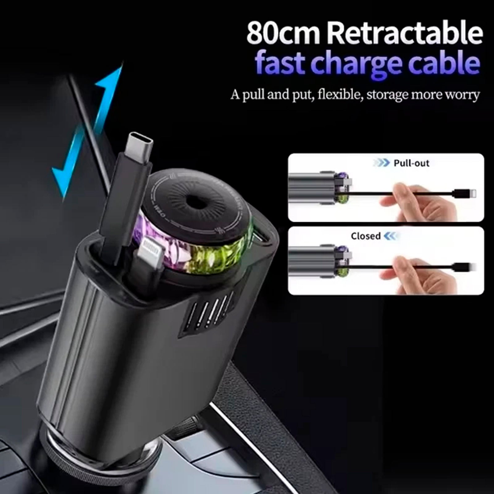 Chargeur de voiture ultra-rapide 120 W avec câble rétractable et diffuseur de parfum intelligent