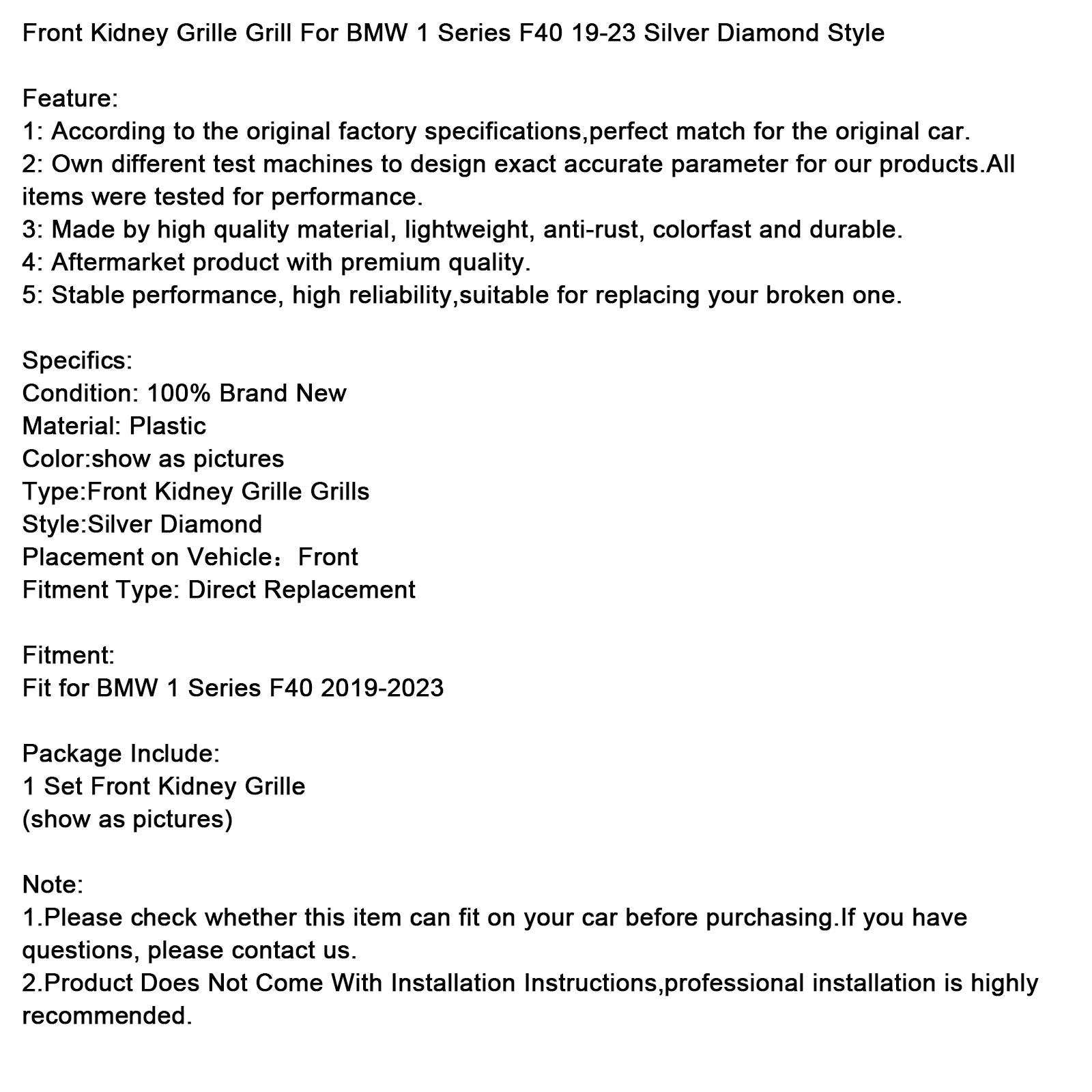 Calandre avant pour BMW Série 1 F40 19-23, style diamant argenté