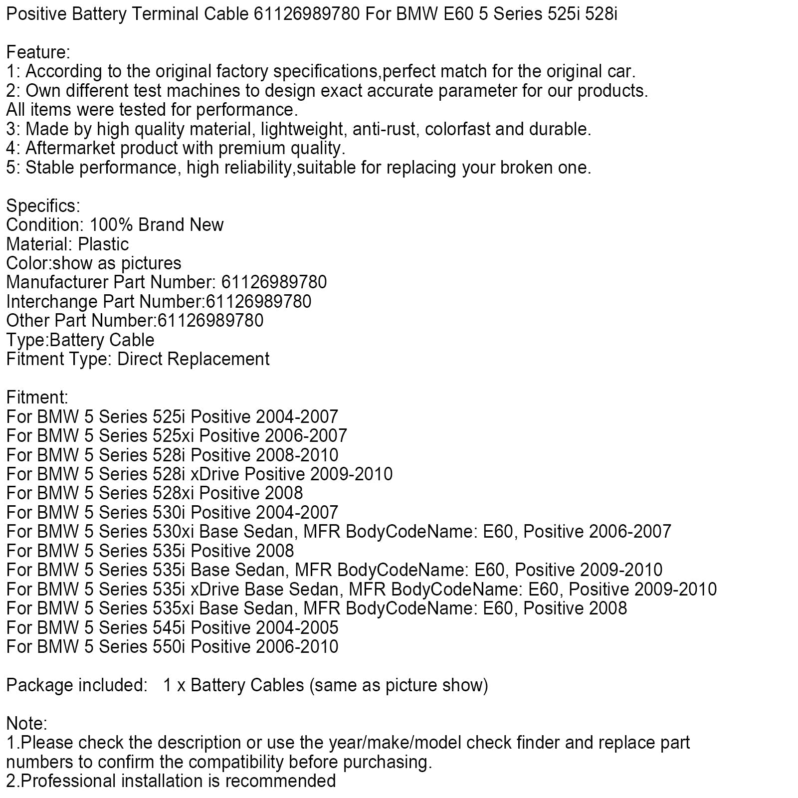 Câble de borne positive de batterie 61126989780 pour BMW Série 5 E60 525i 528i