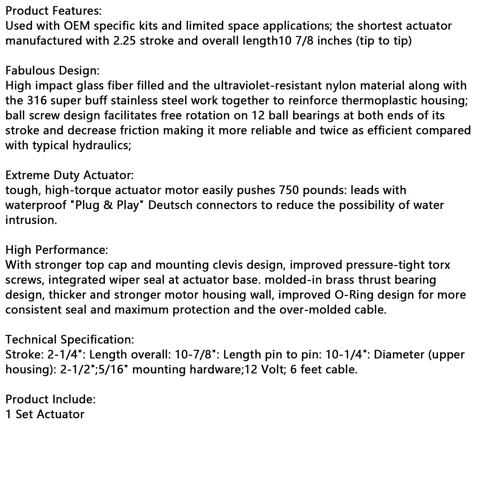 15057-001 Zwaar uitgevoerde actuator 2-1/4 inch slag 12V 101 XDS Trim Tab-actuator