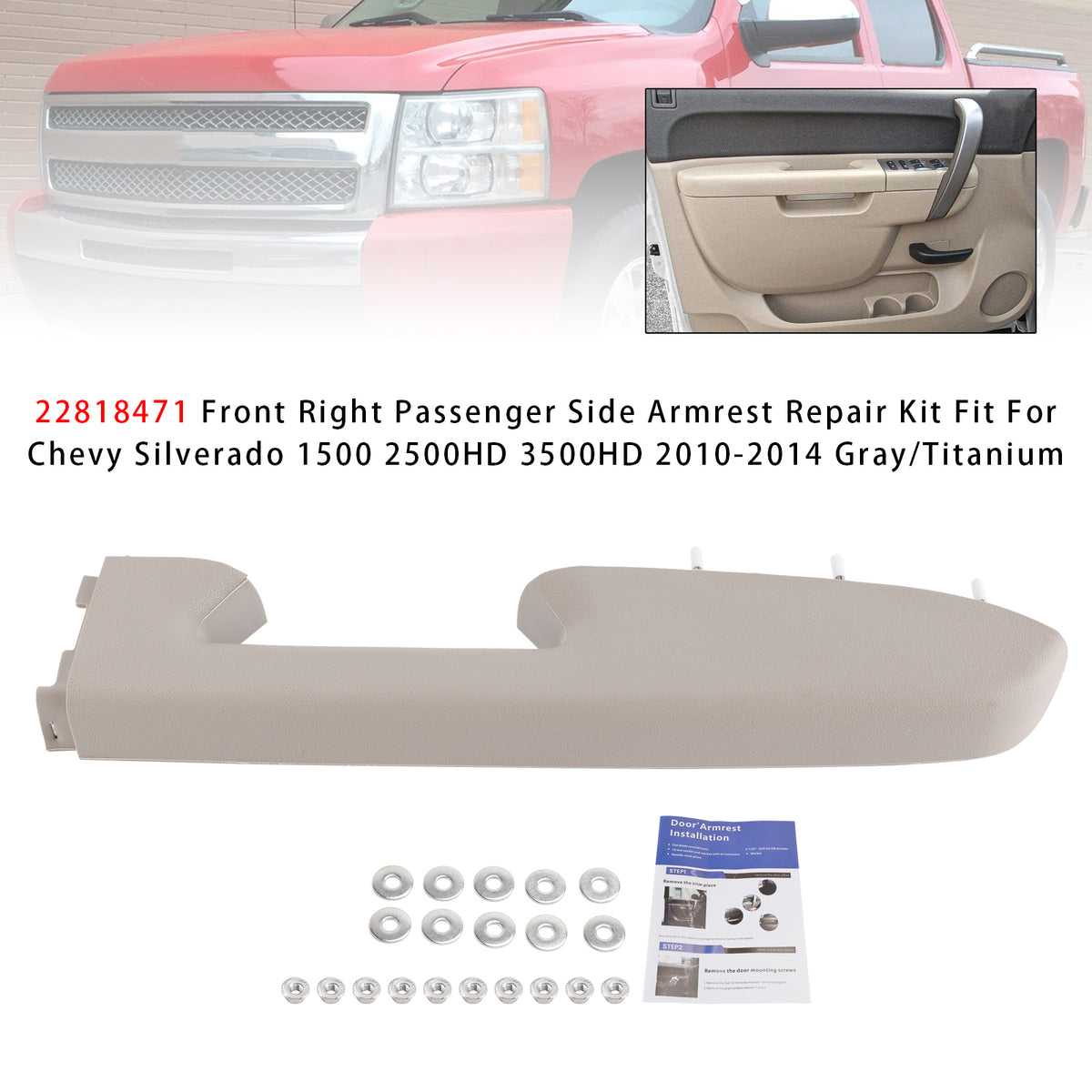 Kit de réparation d'accoudoir avant droit pour Chevy Silverado 1500 2500HD 2010-2014 (gris)