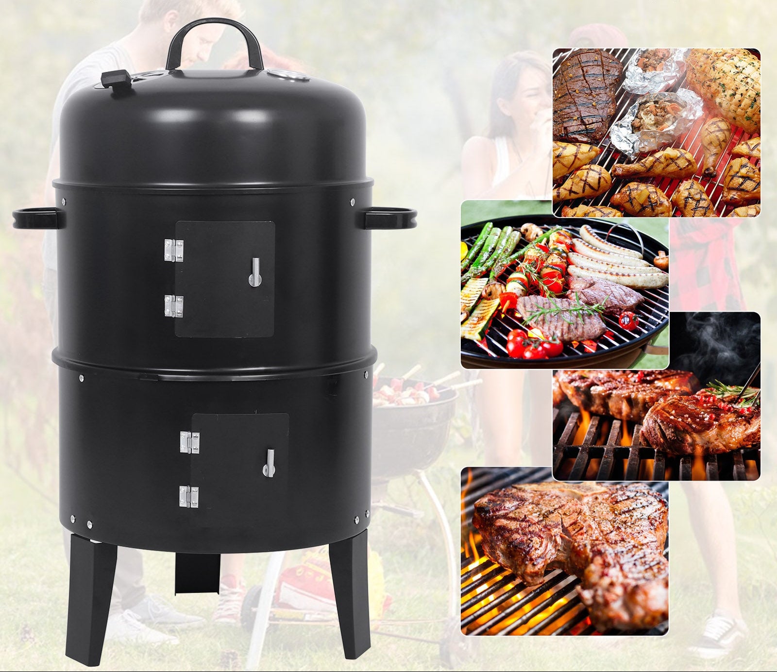 Fumoir BBQ Multicouche au Charbon 3-en-1 avec 2 Grilles de Cuisson