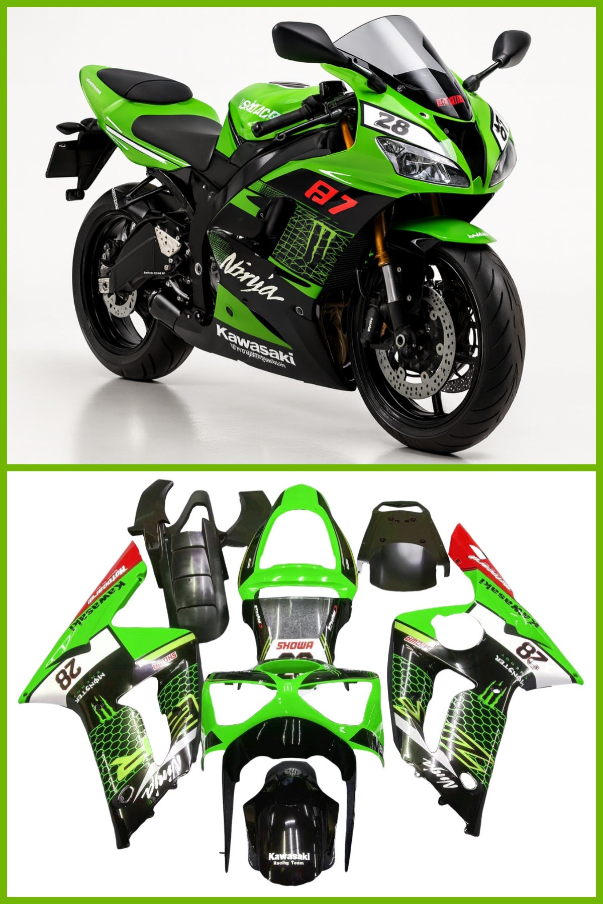 Amotopart Kawasaki ZX6R 636 2003-2004 Kit Carénage Carrosserie Plastique ABS