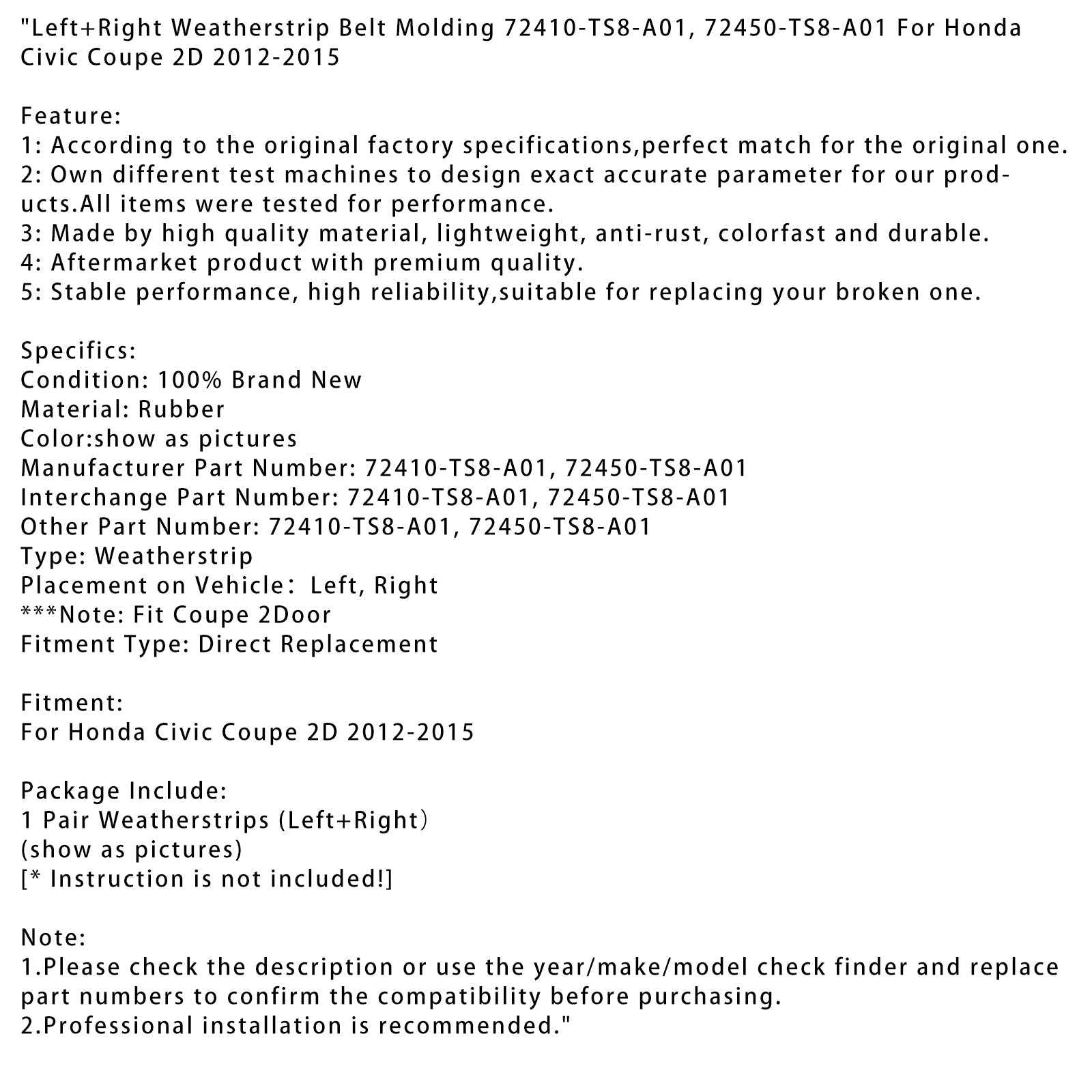 Uszczelka Paska Lewa + Prawa do Hondy Civic Coupe 2D 2012-2015