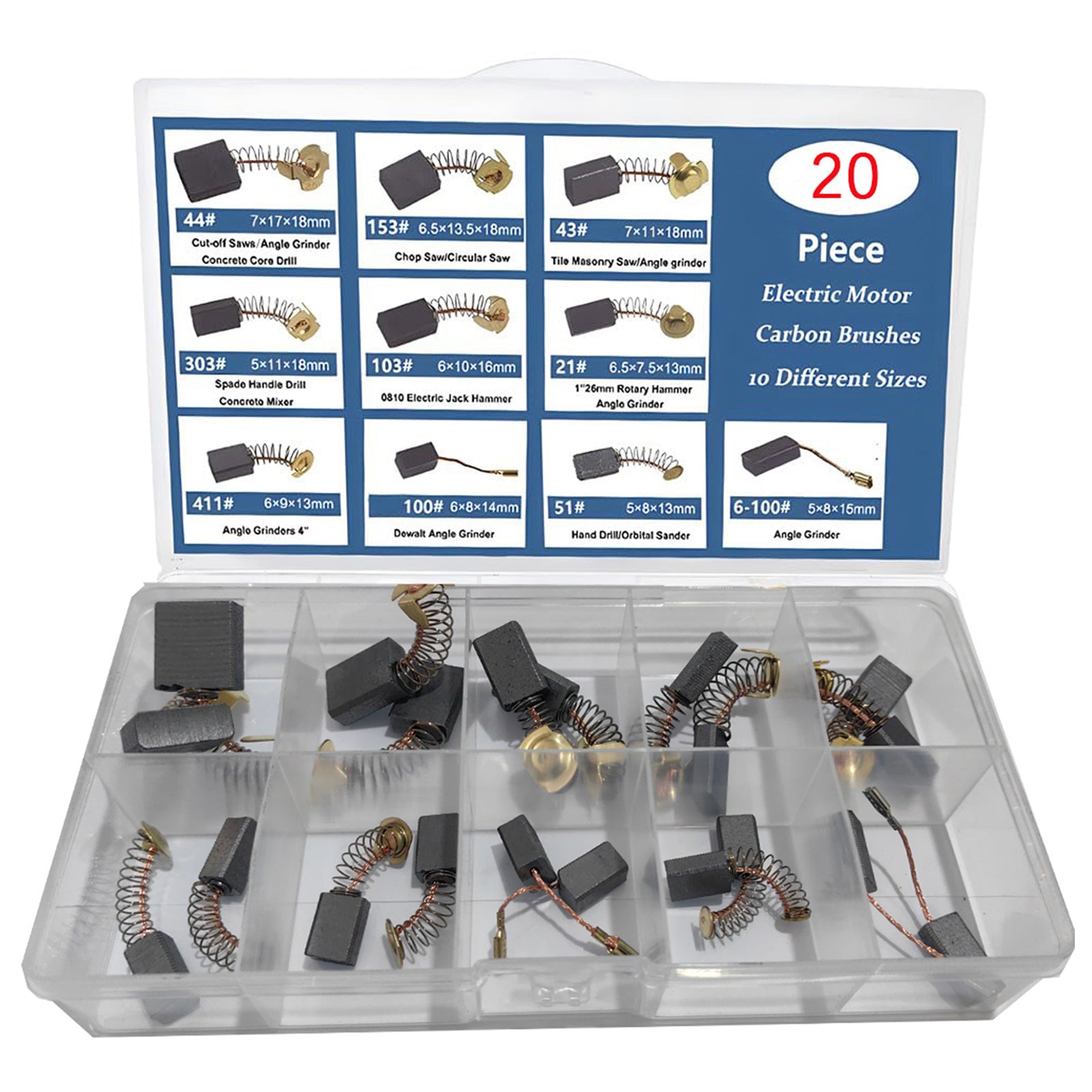 Lot de 20 balais de charbon pour moteur électrique, 10 tailles, pièce de rechange pour réparation d'outils électriques