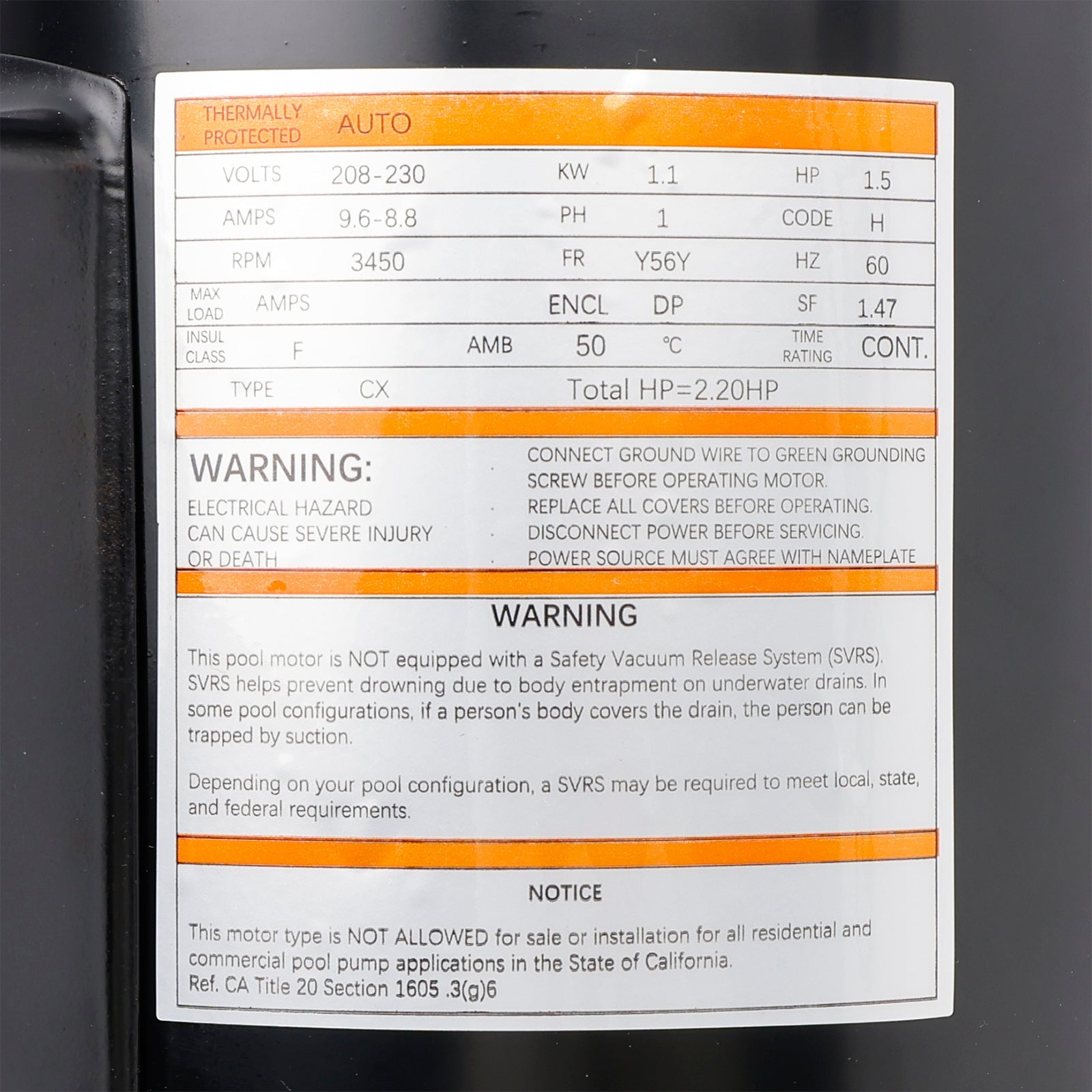 B2842 1.5 CV Motor de piscina 230 V 3 450 RPM