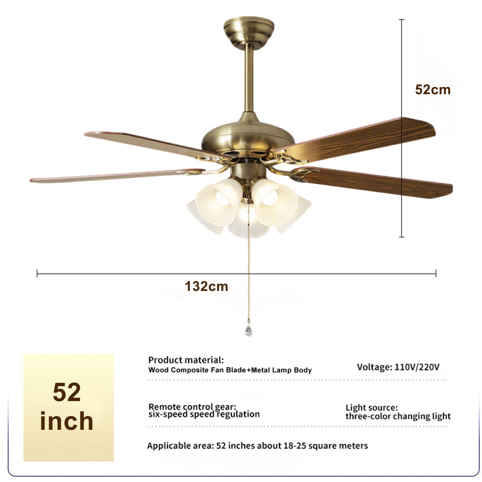 Ventilateur de Plafond 52" Style Vintage avec Éclairage – 5 Pales Réversibles, 3 Températures de Couleur, Télécommande