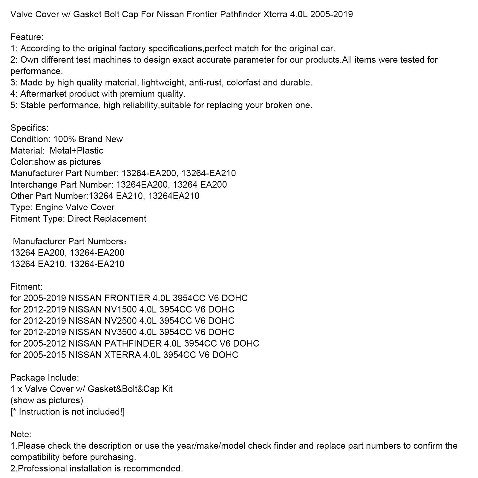 NISSAN FRONTIER 4.0L 3954CC V6 DOHC 2005-2019 Coperchio valvola con guarnizione tappo bullone 13264 EA200