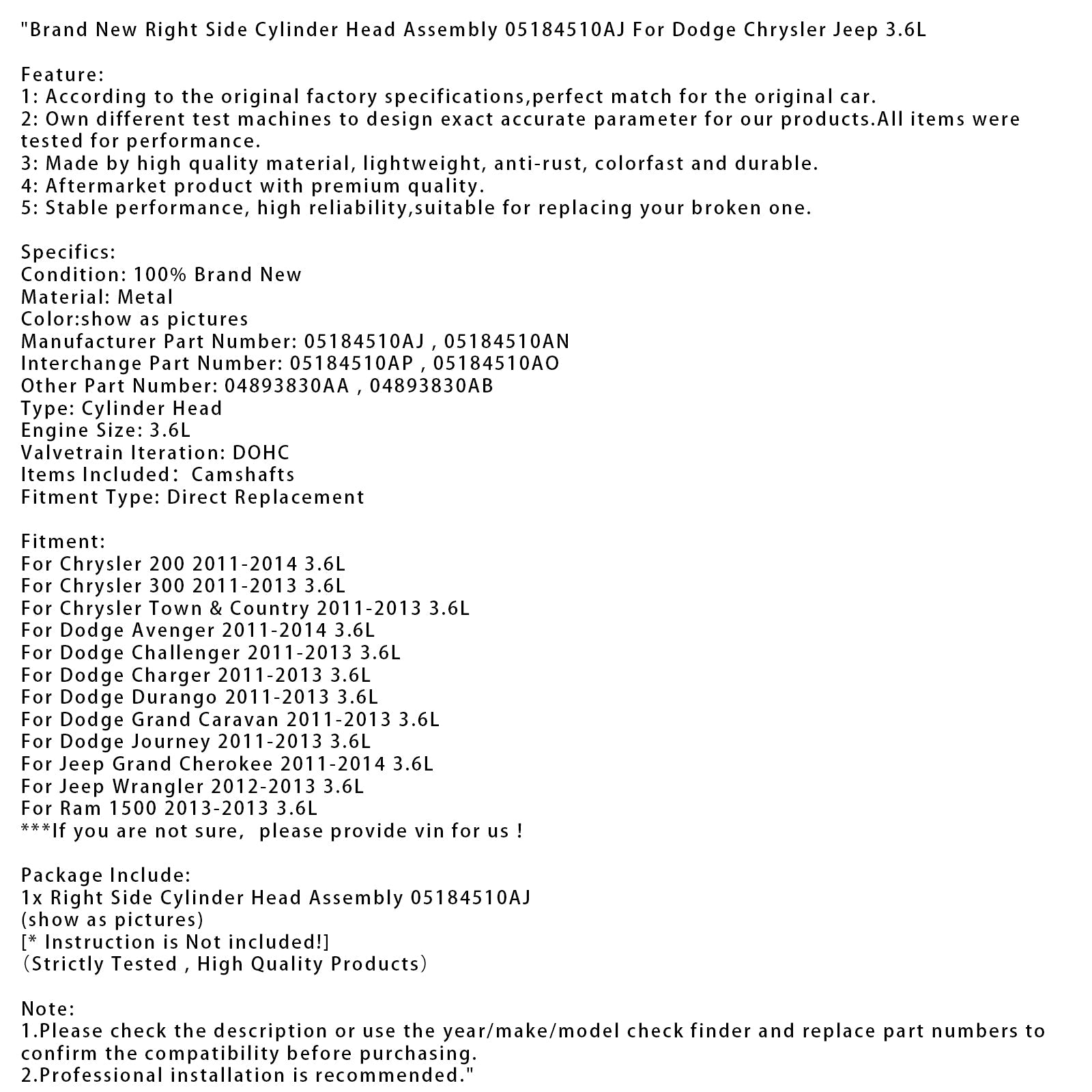 Culasse droite neuve pour Chrysler Town &amp; Country 3.6L (2011-2013), référence 05184510AJ