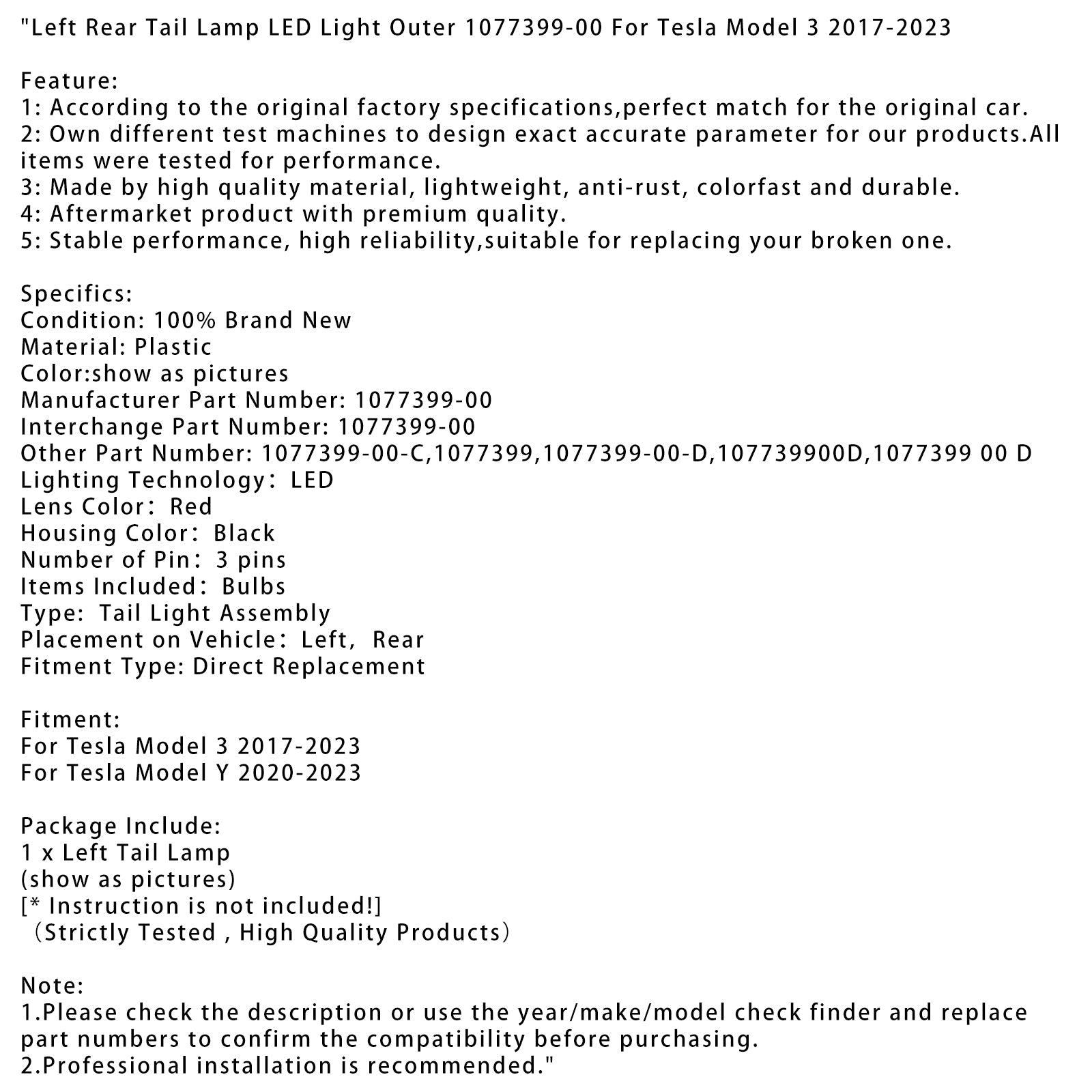 Luce posteriore sinistra all'aperto per Tesla Modello 3 2017-2023 1077399-00