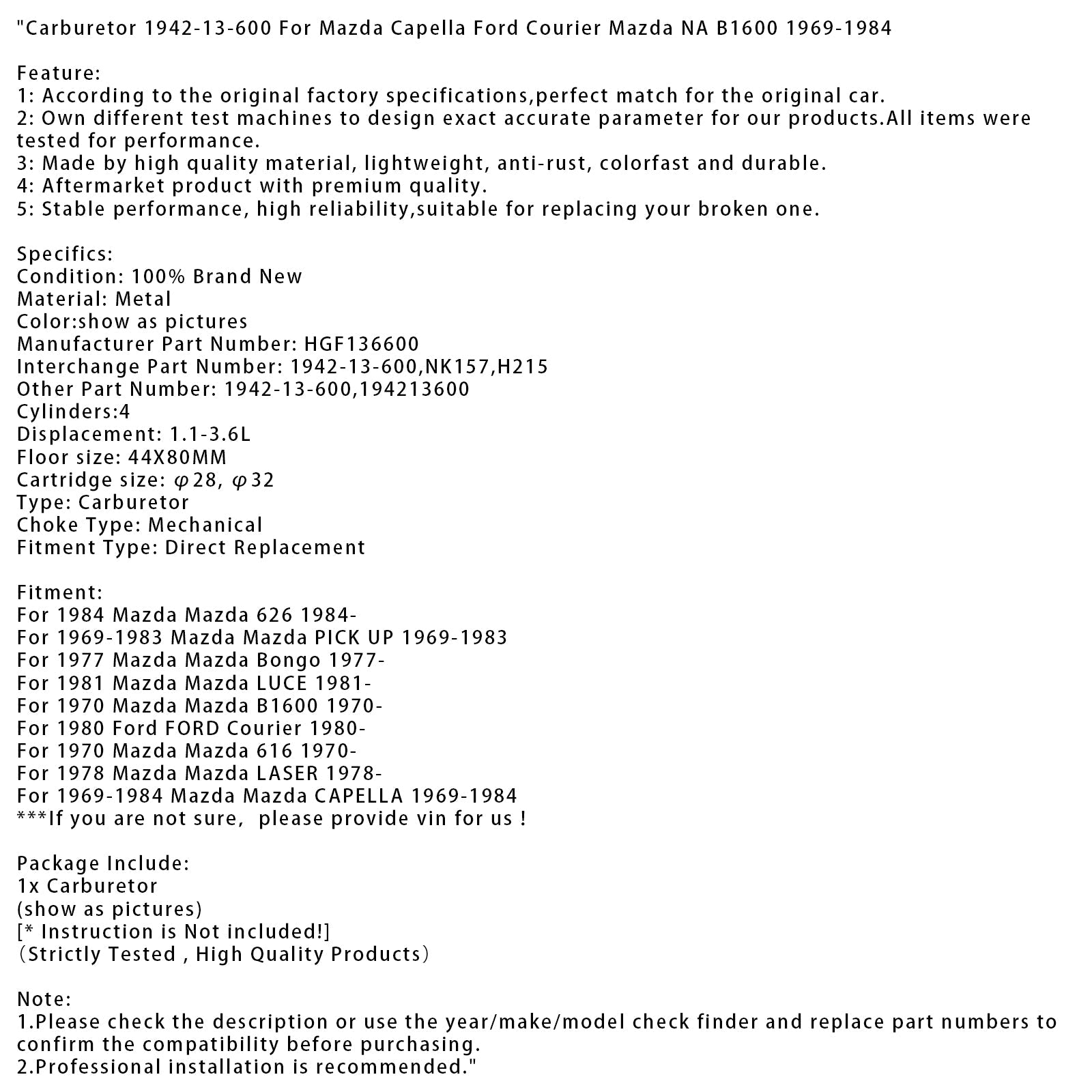 Carburateur pour Ford Courier (modèles 1980 et suivants) - Référence : 1942-13-600 HGF136600 194213600