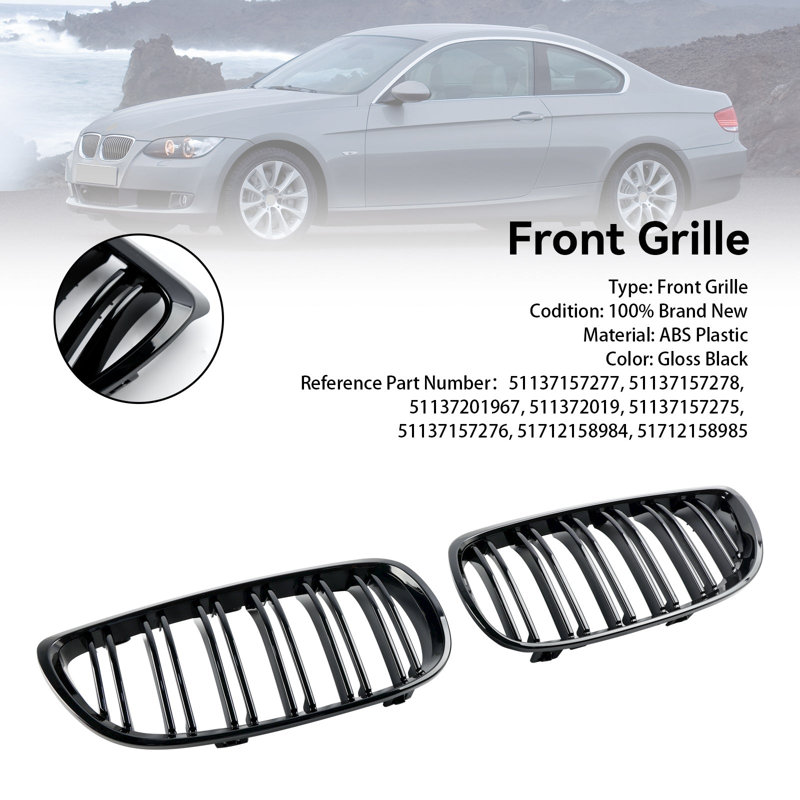 Grille de calandre avant noire brillante pour BMW Série 3 M3 (E92/E93) 2008-2013